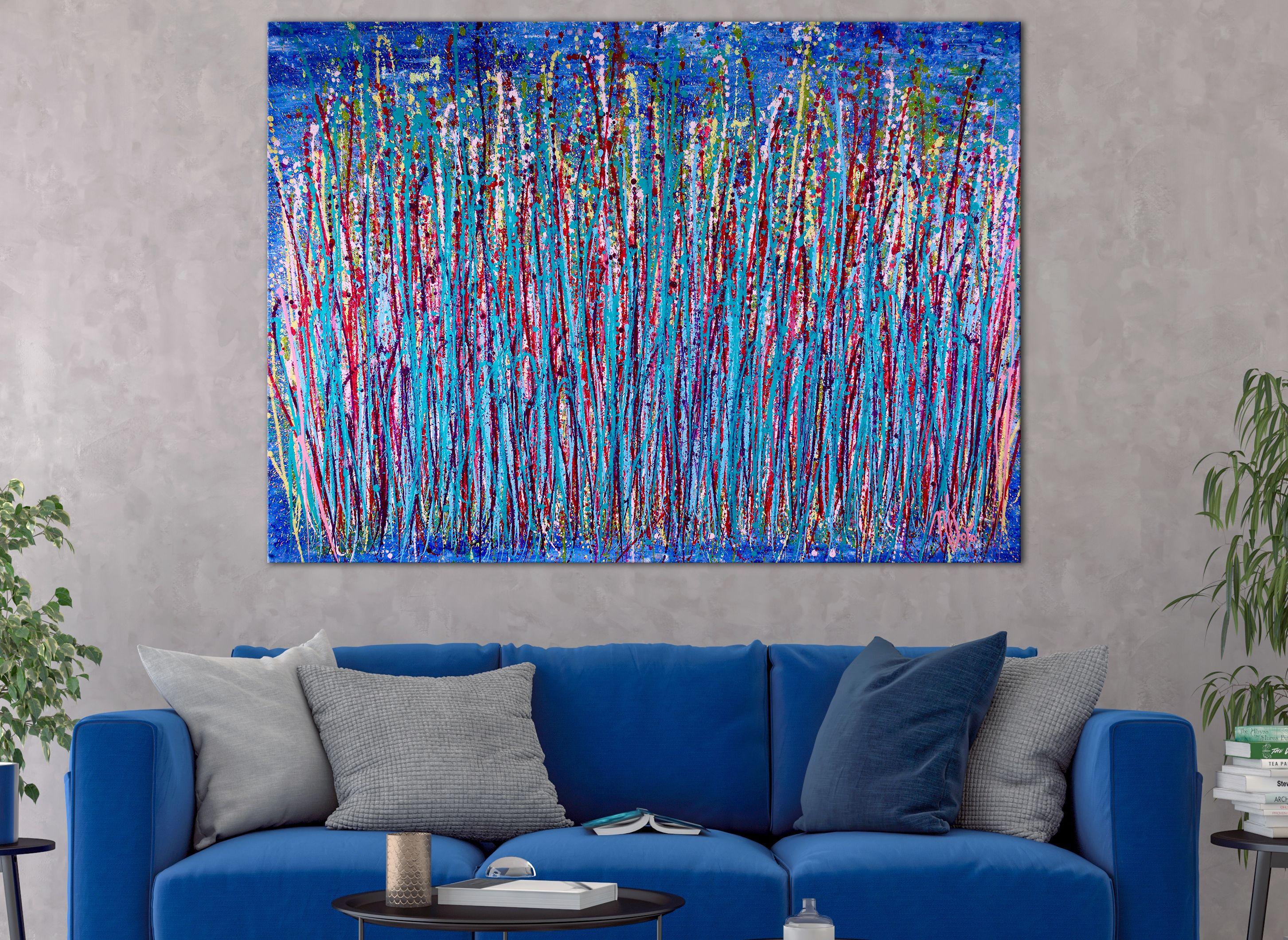 Reflective and iridescent! Rich colors with lots of light coming from blue background. bold expressionistic painting, many color from pink to iridescent purple, red, sky blue, olive green and pale yellow. Action packed artwork all paint strokes in a