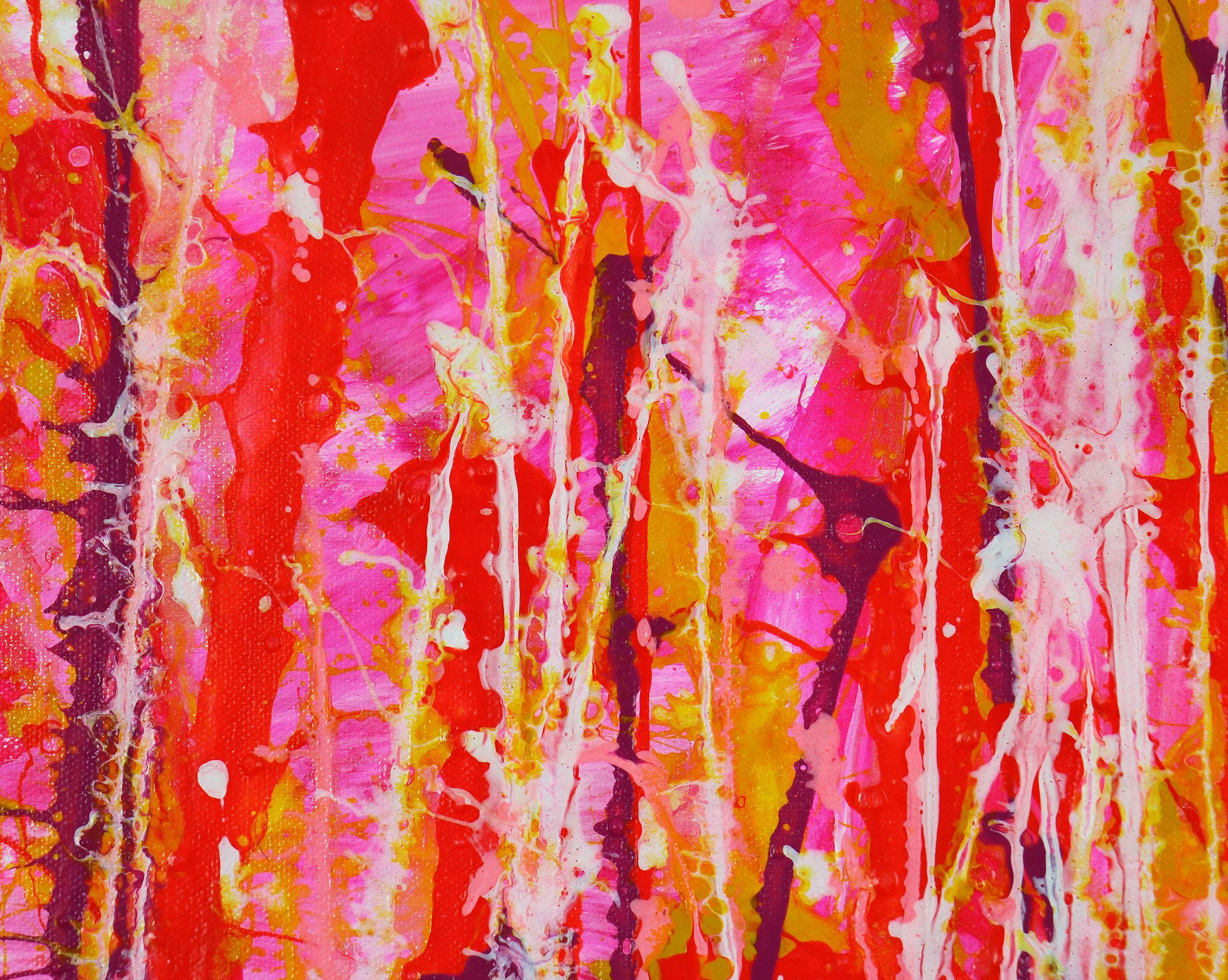 SCHÖNES KUNSTWERK    Vibrierende expressionistische abstrakte lebendige Farbe rosa Hintergrund mit Ausbruch von Farben. Gelb, Violett, metallische klare Acrylfarben und Orange. Vorne signiert.    Dieses Werk wurde auf einer hochwertigen (vom