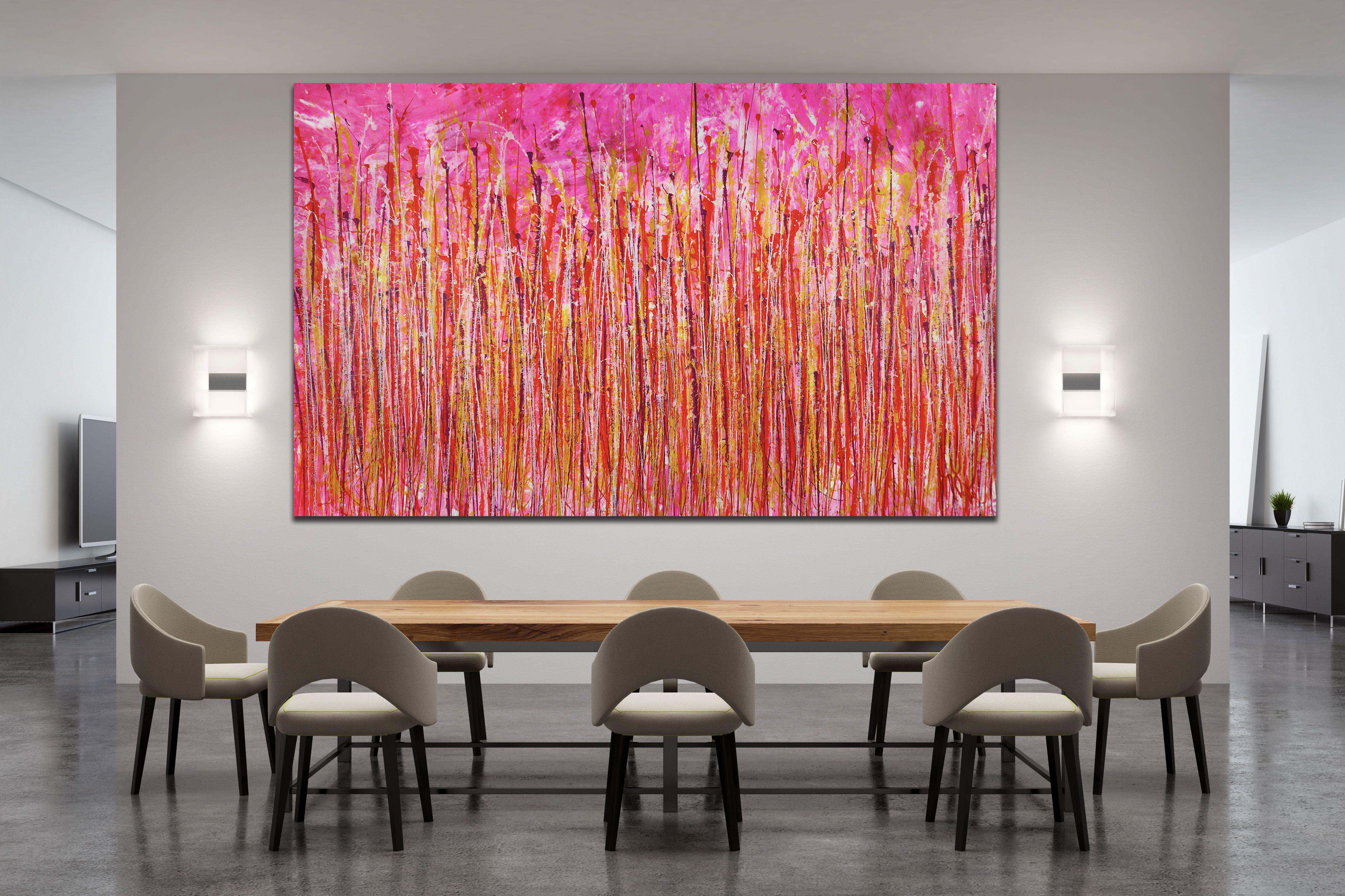 UN BELLISSIMO LAVORO DI DICHIARAZIONE    Vibrante sfondo astratto espressionista di colore rosa con esplosione di colori. Giallo, viola, acrilico trasparente metallizzato e arancione. Firmato davanti.    Quest'opera è stata creata su una tela di