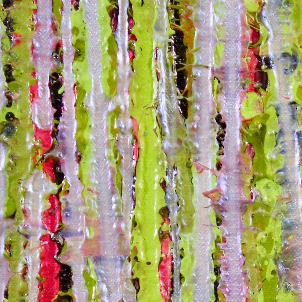 Reflective and iridescent, bold and contemplative. Rich colors with lots of light coming from pitch black background. Many shades of bright green, mica pink, and iridescent blue. This artwork is full of luminance.     Colors are mixed with