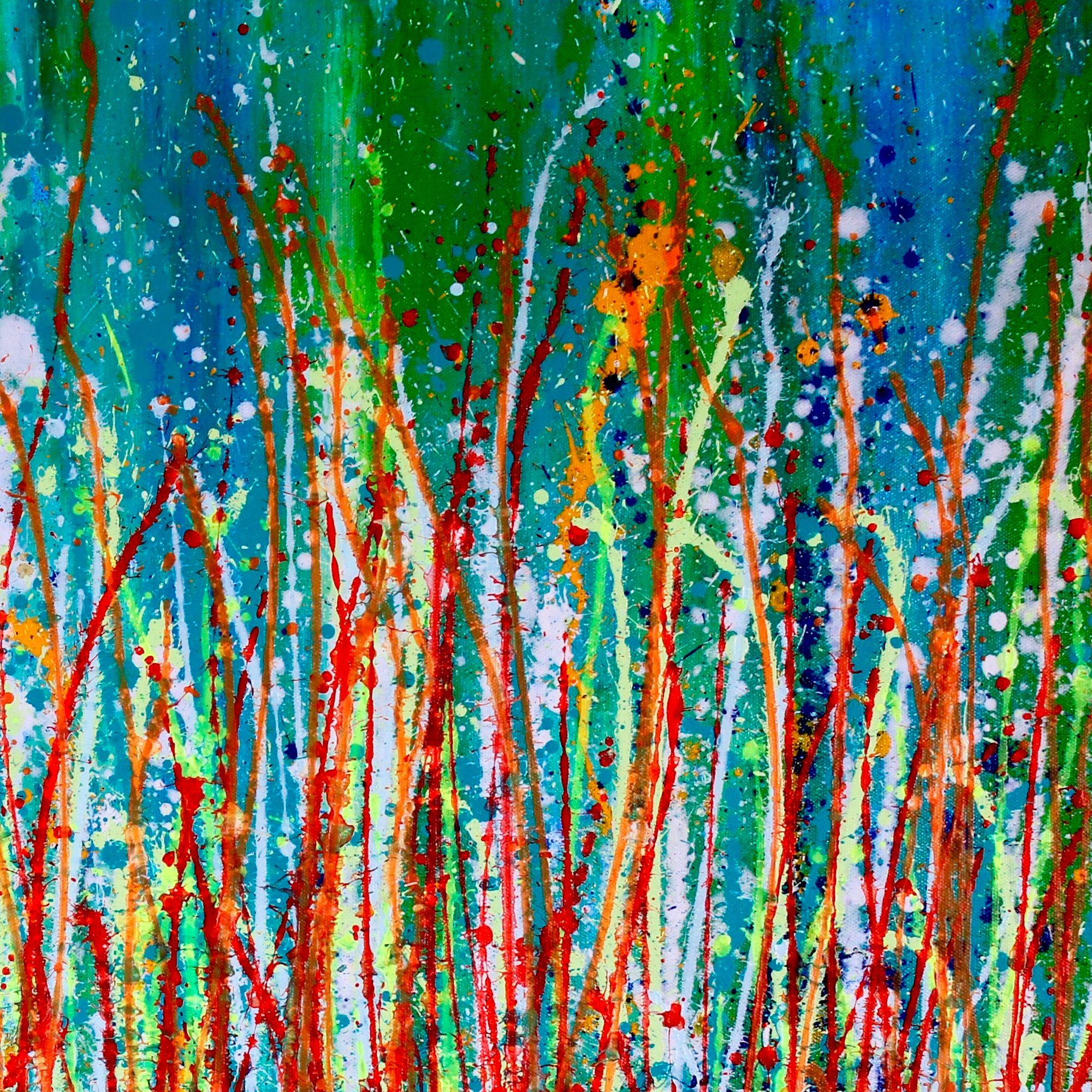 Abstract expressionistic bold painting with a lot of shades of green, bright red, orange, some yellow and blue. lots of motion and action!     This artwork is on gallery quality heavy triple primed cotton canvas. Signed     I include a certificate