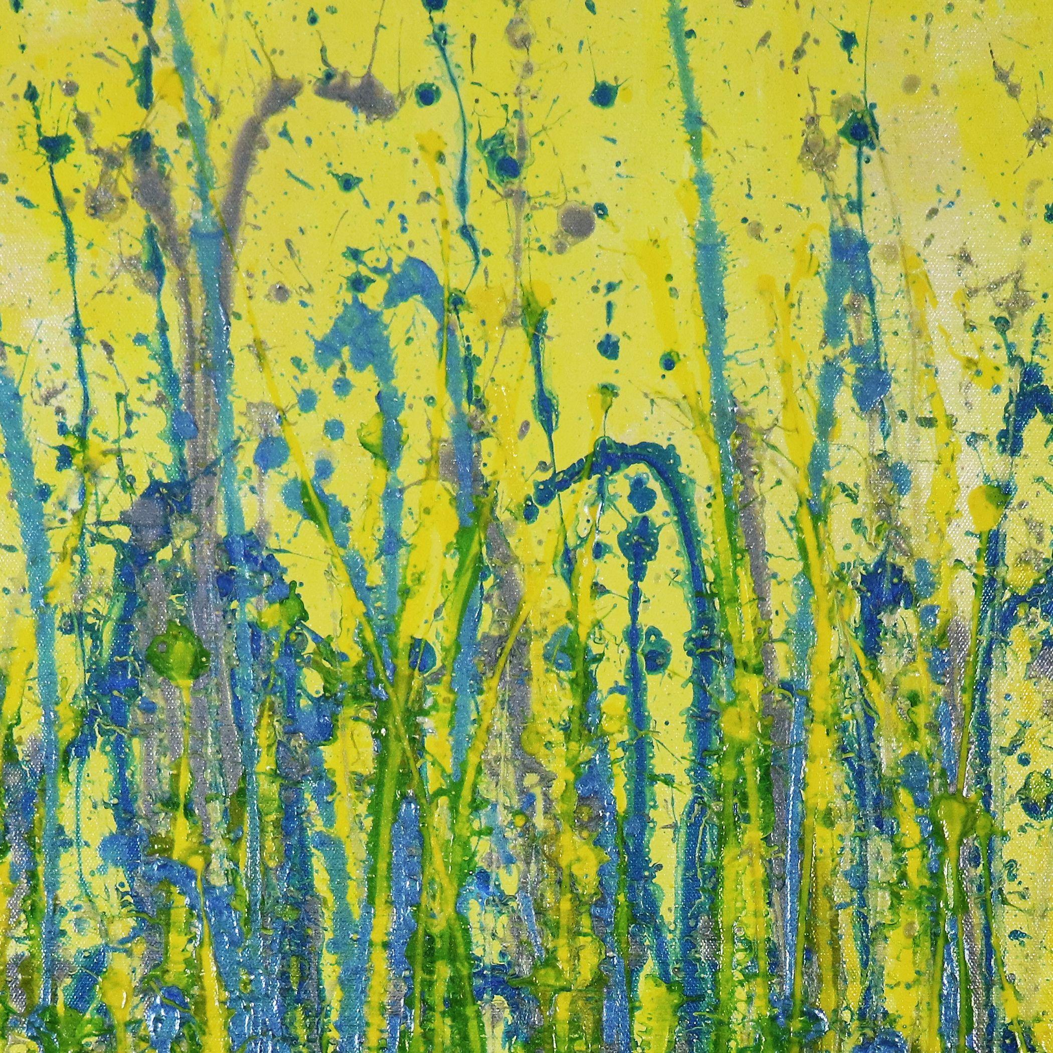 Bright, iridescent lots of light! action painting. Iridescent yellow background with luster of mica particles, golden yellow and blue drizzles, iron oxide particles and lots of reflection. This is truly a statement piece! Signed in front with gold