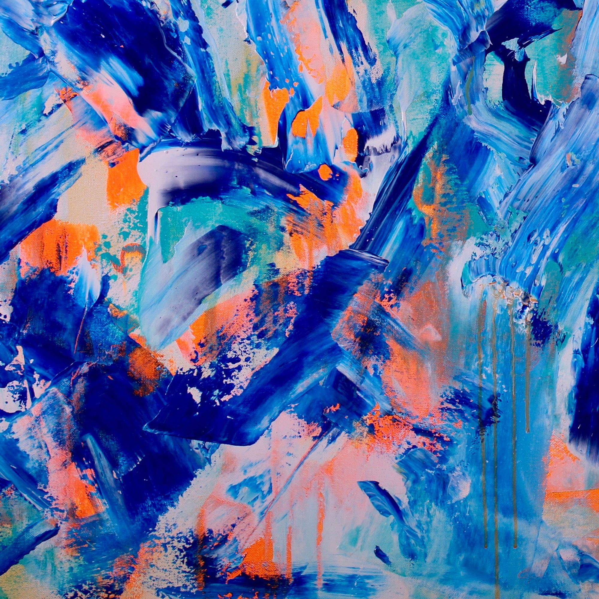 ORIGINAL FINE ABSTRACT - DYNAMIC AND CONTEMPLATIVE!     Mainly two colors, blue and bright orange. Painted by segments to make more contrast and depth. Lot of motion gloss finish! Beautiful, dynamic contemplative painting.     I only make original