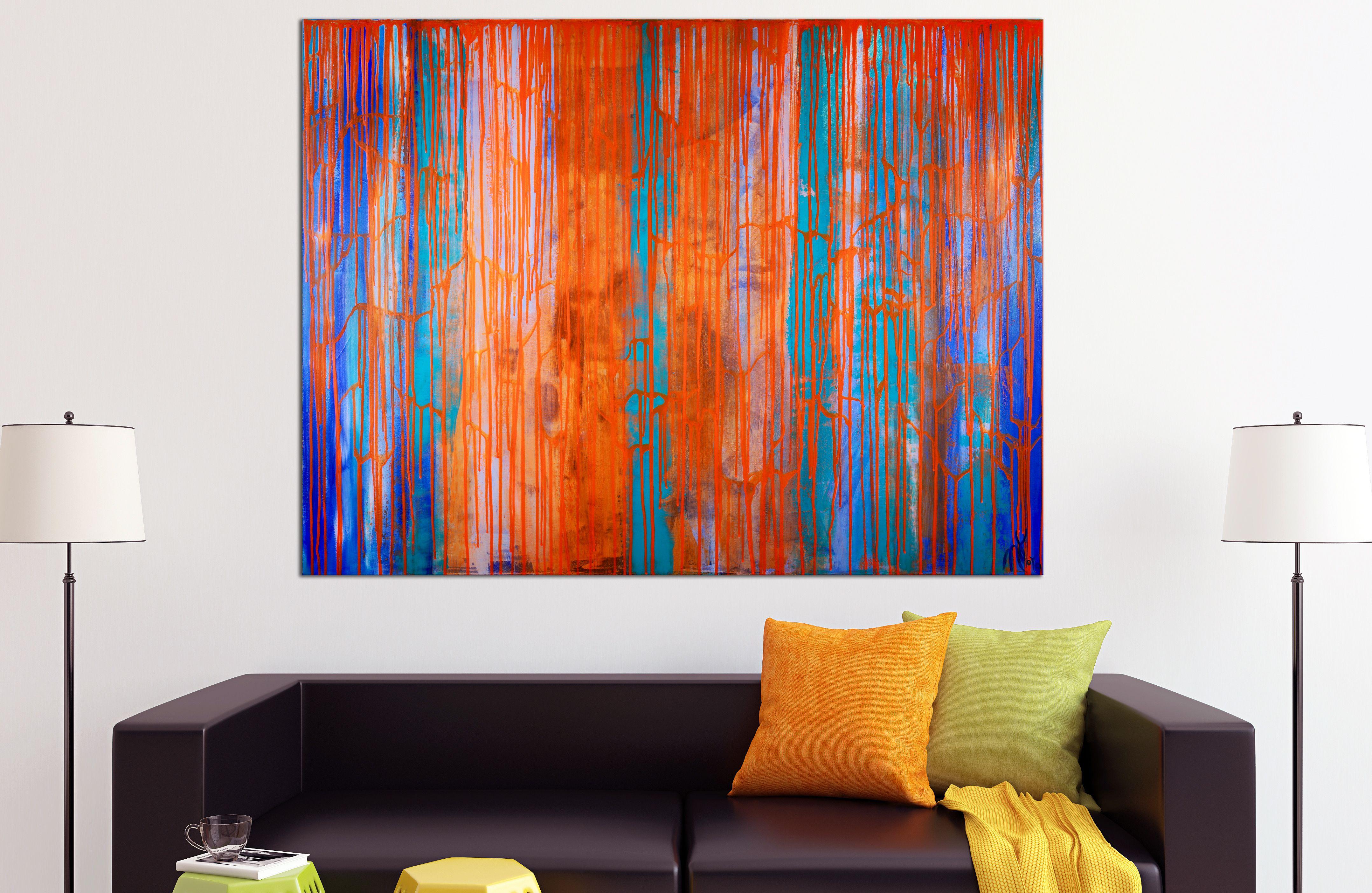 ECLETTICO, COLORATO E D'IMPATTO!     Tutto è iniziato con un solido sfondo blu e verde acqua e con un'accurata ricerca di luce e colori. Un dipinto audace ed eclettico con molti colori e sfumature, dall'oro all'arancione fluorescente, all'alzavola e