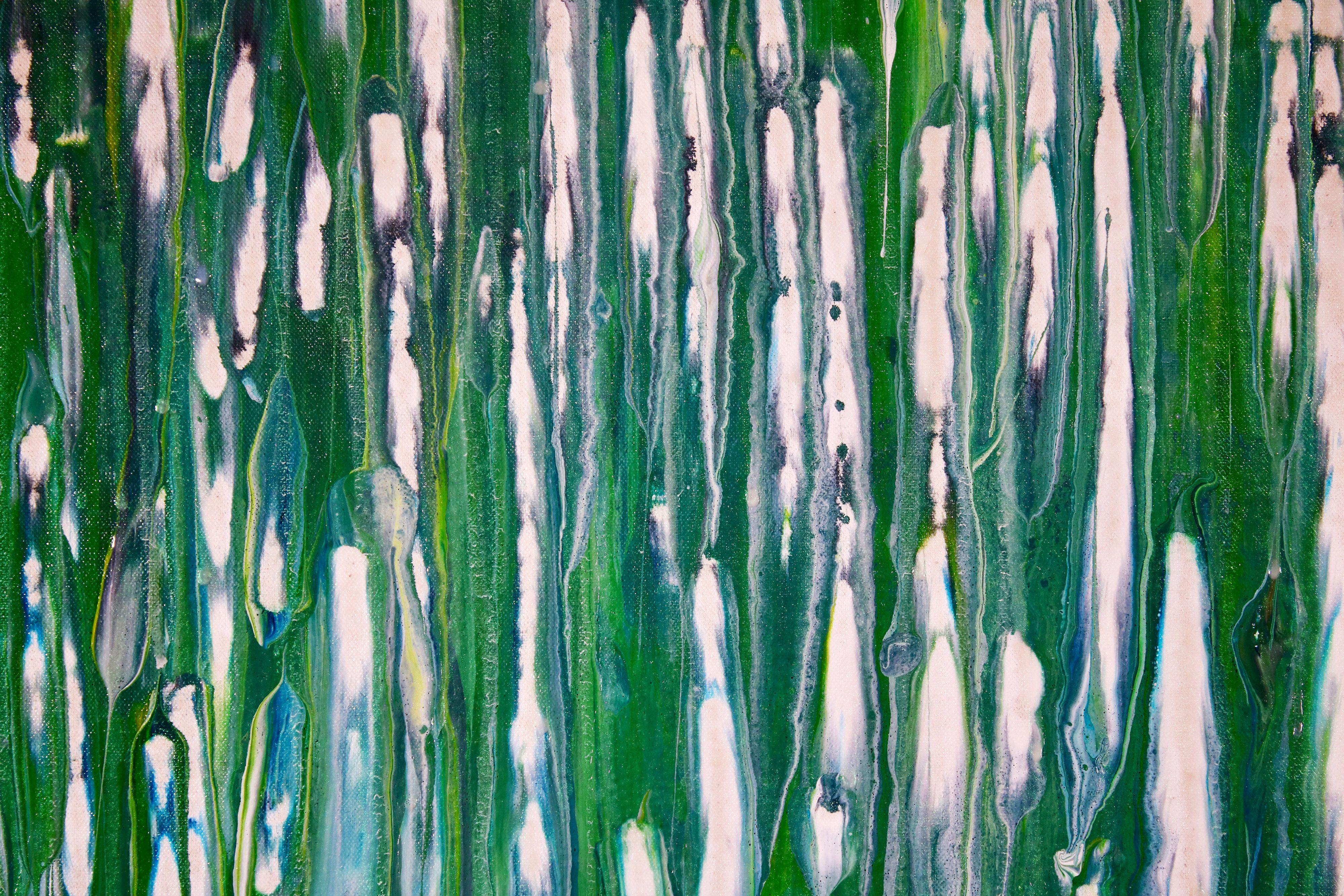 Green abstract color field with many layers of green and drips of glossed mica particles. This painting shimmers with light, the gloss was applied layer after layer for texture. Bright, impactful and beautiful.     This artwork is on gallery quality