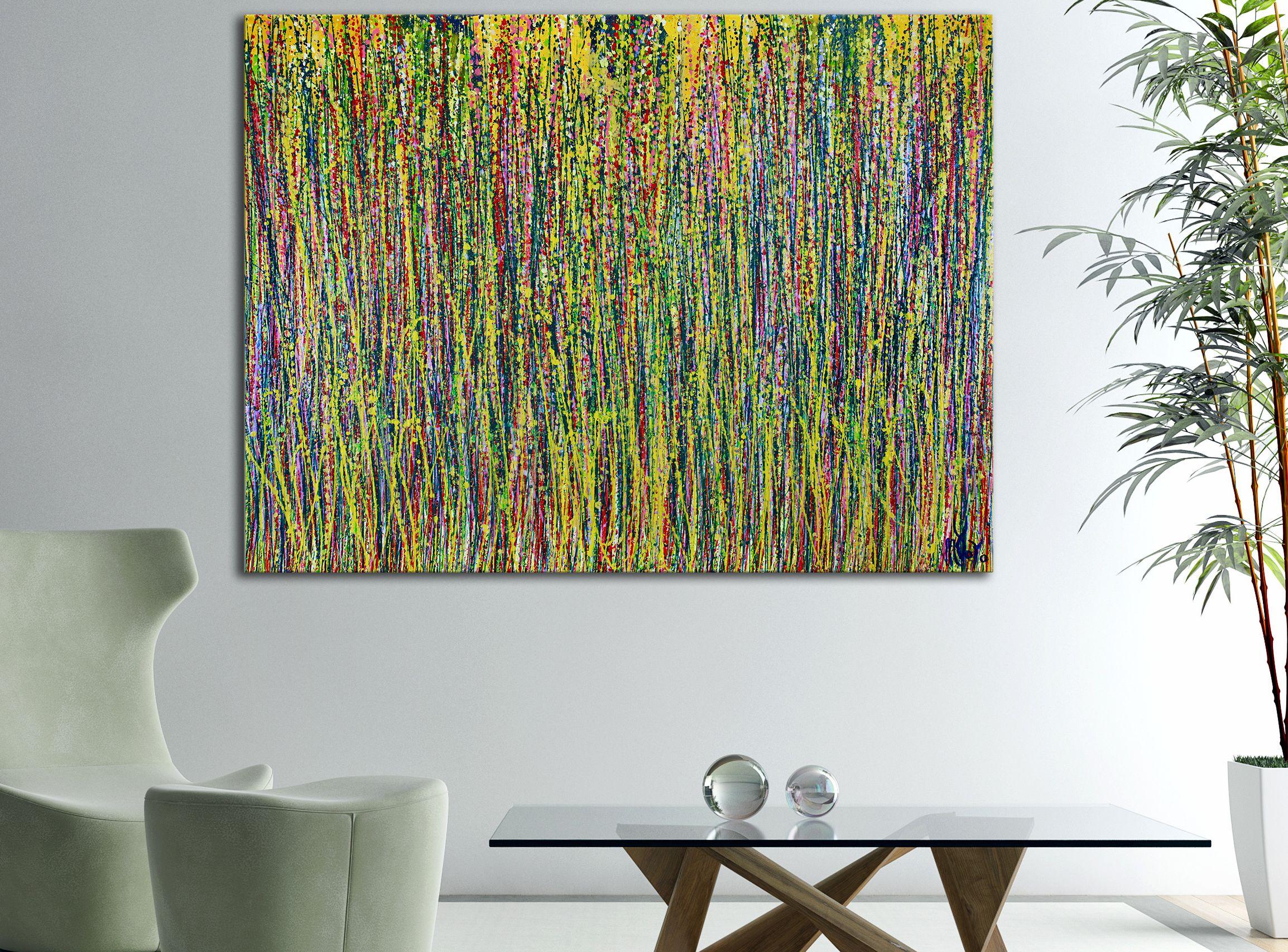 READY TO HANG STATEMENT ARTWORK!    Textured and vibrant artwork with many paint strokes in vivid colors. Yellows, green, dark orange and iridescent mica particles. Ready to hang signed in front! True statement piece.    This original one of a kind