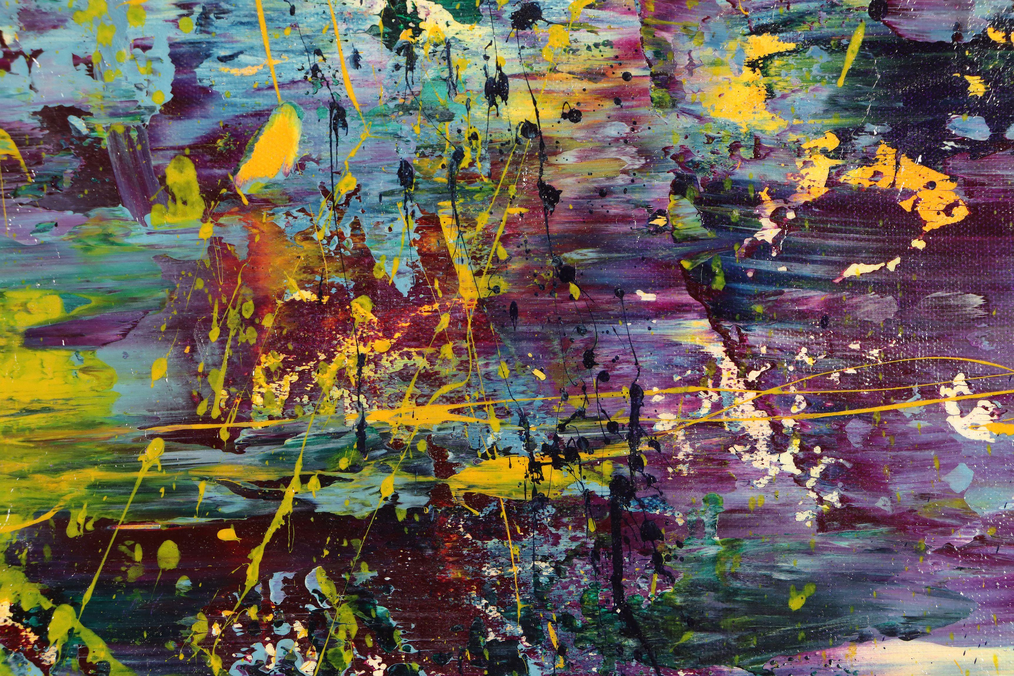     Quadro astratto di grandi dimensioni  acrilico su tela      Quest'opera d'arte è stata creata stratificando e mescolando strati di giallo, viola brillante, blu, verde con uno strato di particelle iridescenti e finitura lucida. Cantato di fronte 