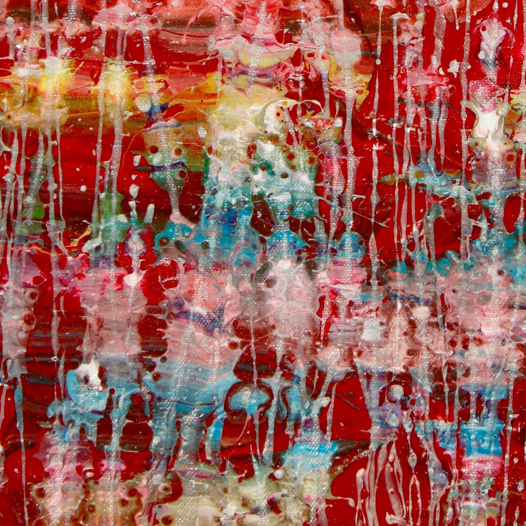 Bold and contemplative fiery abstract dark red background with silver paint drizzles. Layers of color blending with forceful paint strokes to reveal the underneath colors. This painting arrives in a tube, signed and enough edge for an inch deep