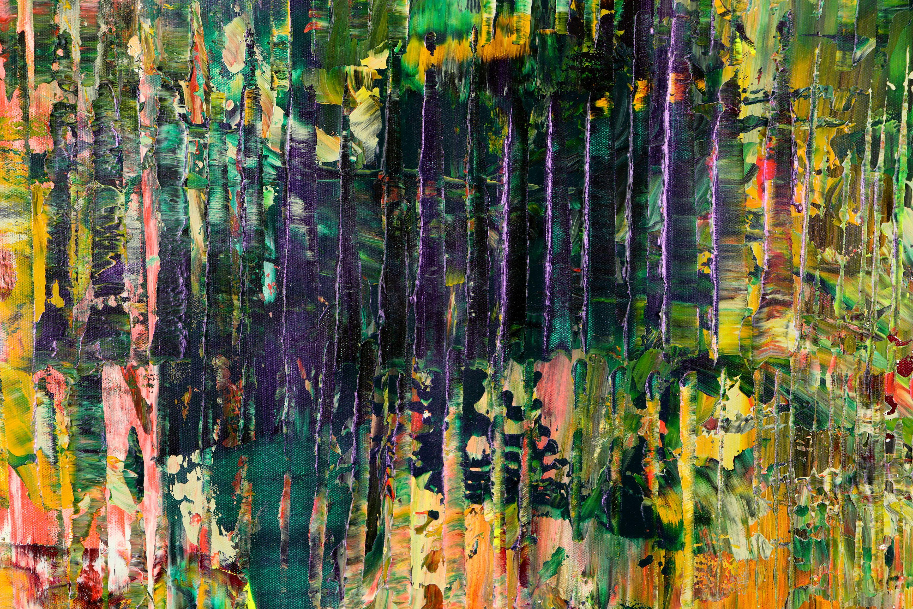 pittura astratta  acrilico su tela    Questa opera d'arte è stata creata stratificando e mescolando molti strati di colori vivaci e audaci, ricchi di texture. Blu, giallo, nero, viola iridescente e molti altri colori.    Pronto per essere appeso   