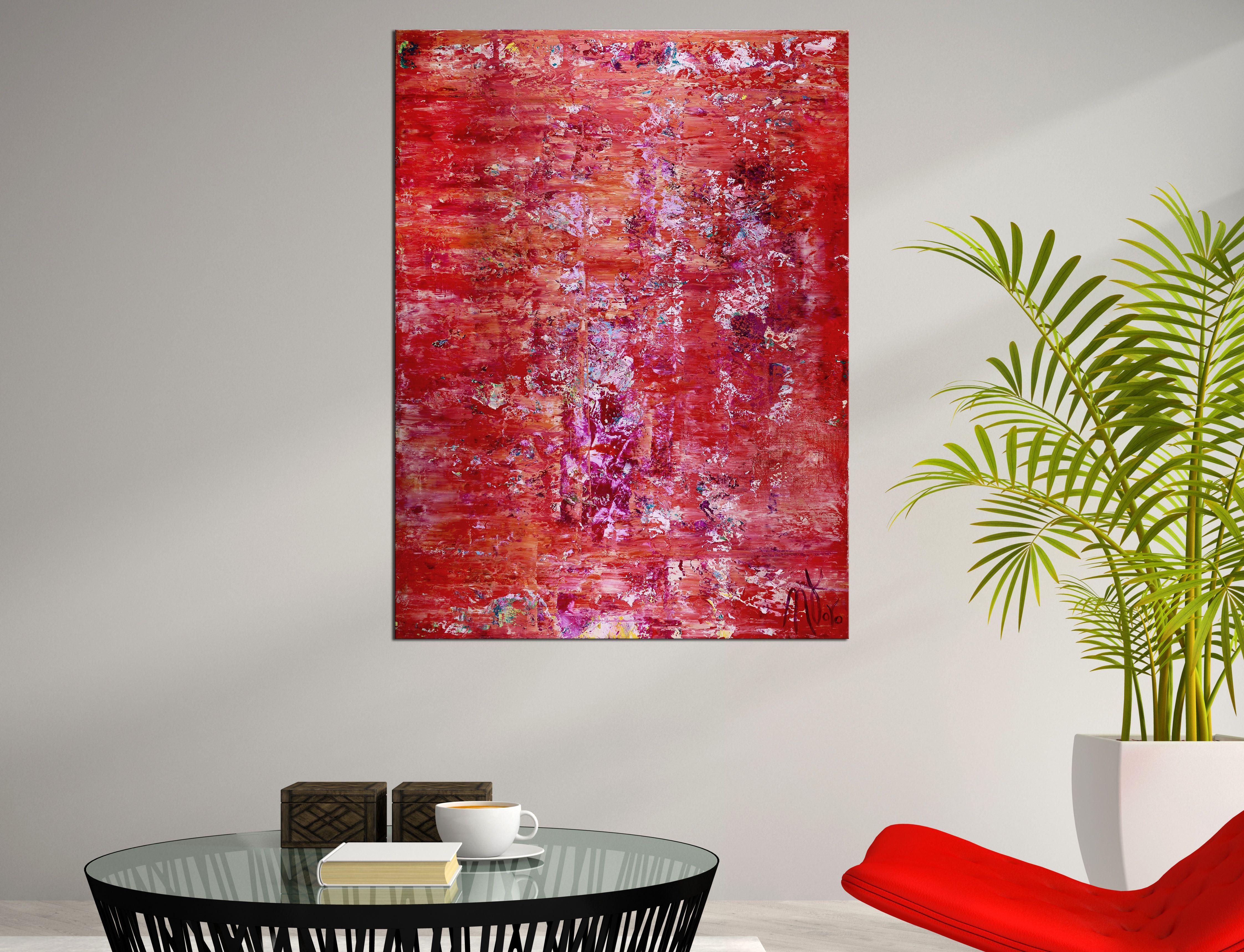CONTEMPLATIVE CORAL COLORFIELD!!    Textured coral abstract landscape, many subtle colorful details in the background and bold red coral in the foreground. This painting is the result of color blending and palette knife work, comes mounted in a