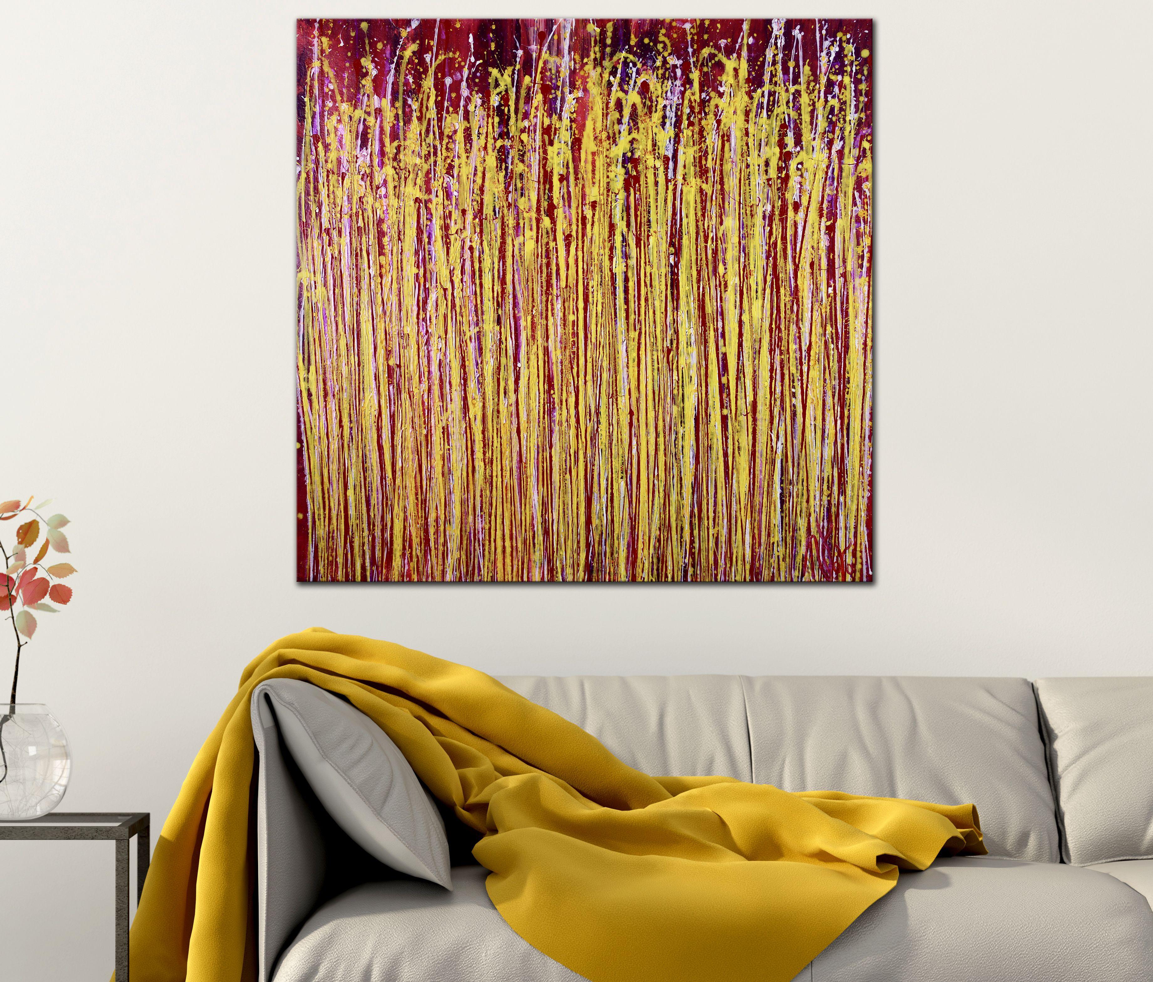 ENERGETIC ABSTRACT!    This is a very energetic artwork bold metallic paint strokes, yellow, vibrant red, metallic purple, clear acrylic mediums with mica particles. This artwork is shipped in a tube. Signed in front.    I include a certificate of
