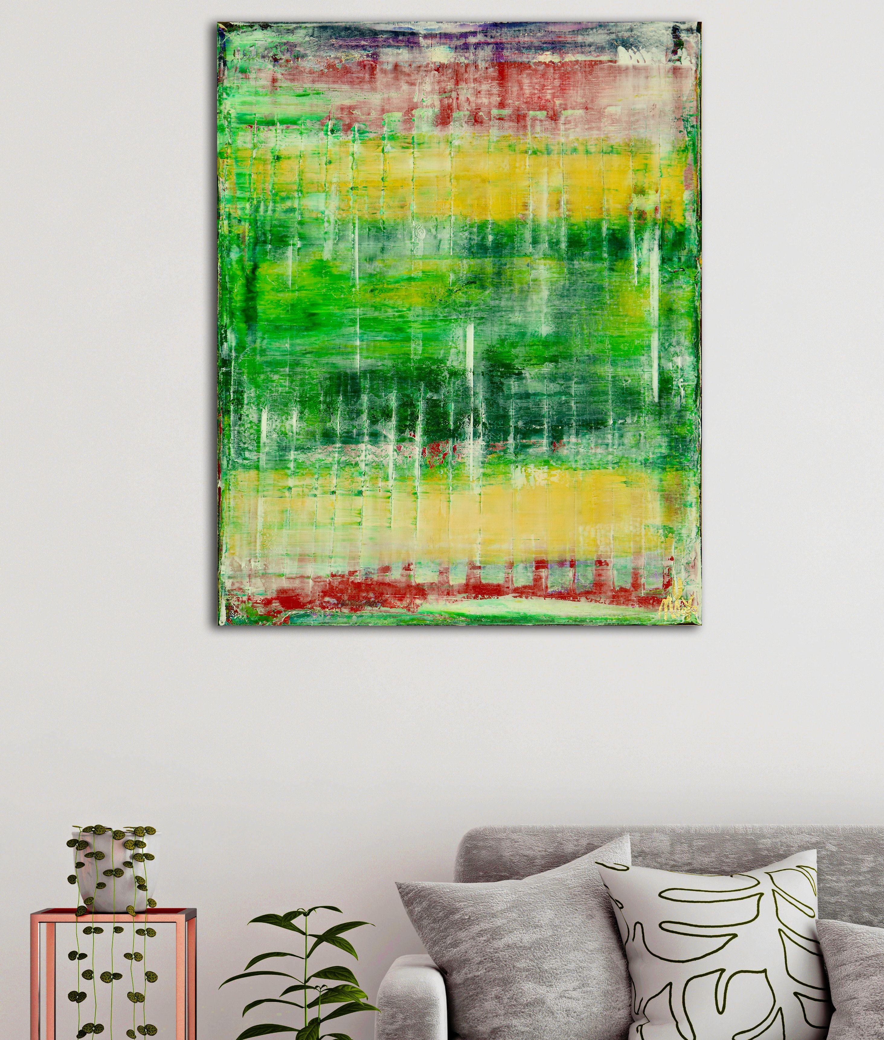 Bright abstract with vivid colors. Green, red, yellow, transparent white and some purple. Signed in front and ready to hang.    I include a certificate of authenticity that lists the materials as well as when the painting was completed. Fine high