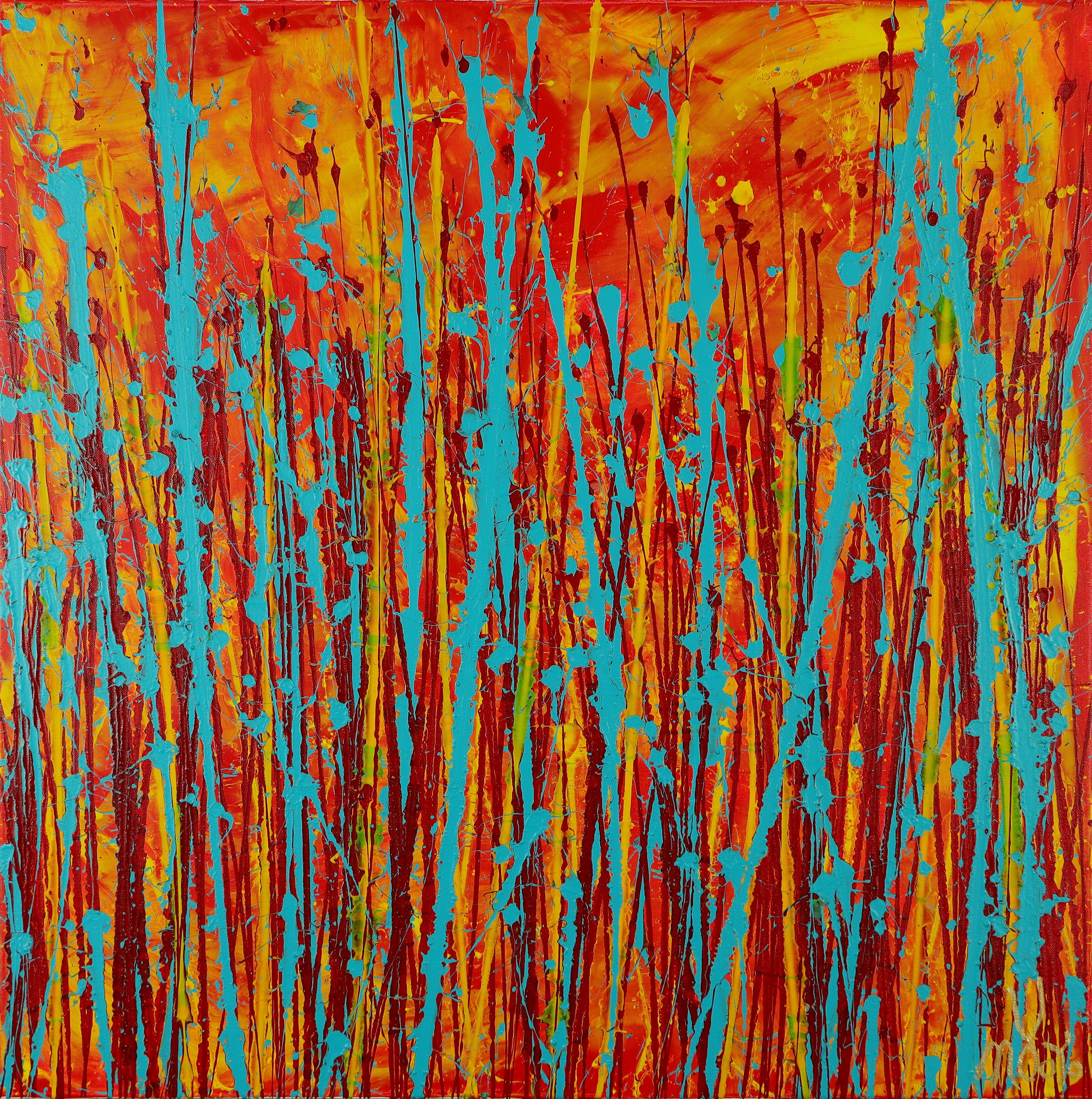 Expressive modern fiery abstract, bold full of life, gloss and shimmer! inspired by nature, many of bright tones combined with mica particles and iridescent drizzles over red. Ready to hang and signed.    I include a certificate of authenticity that