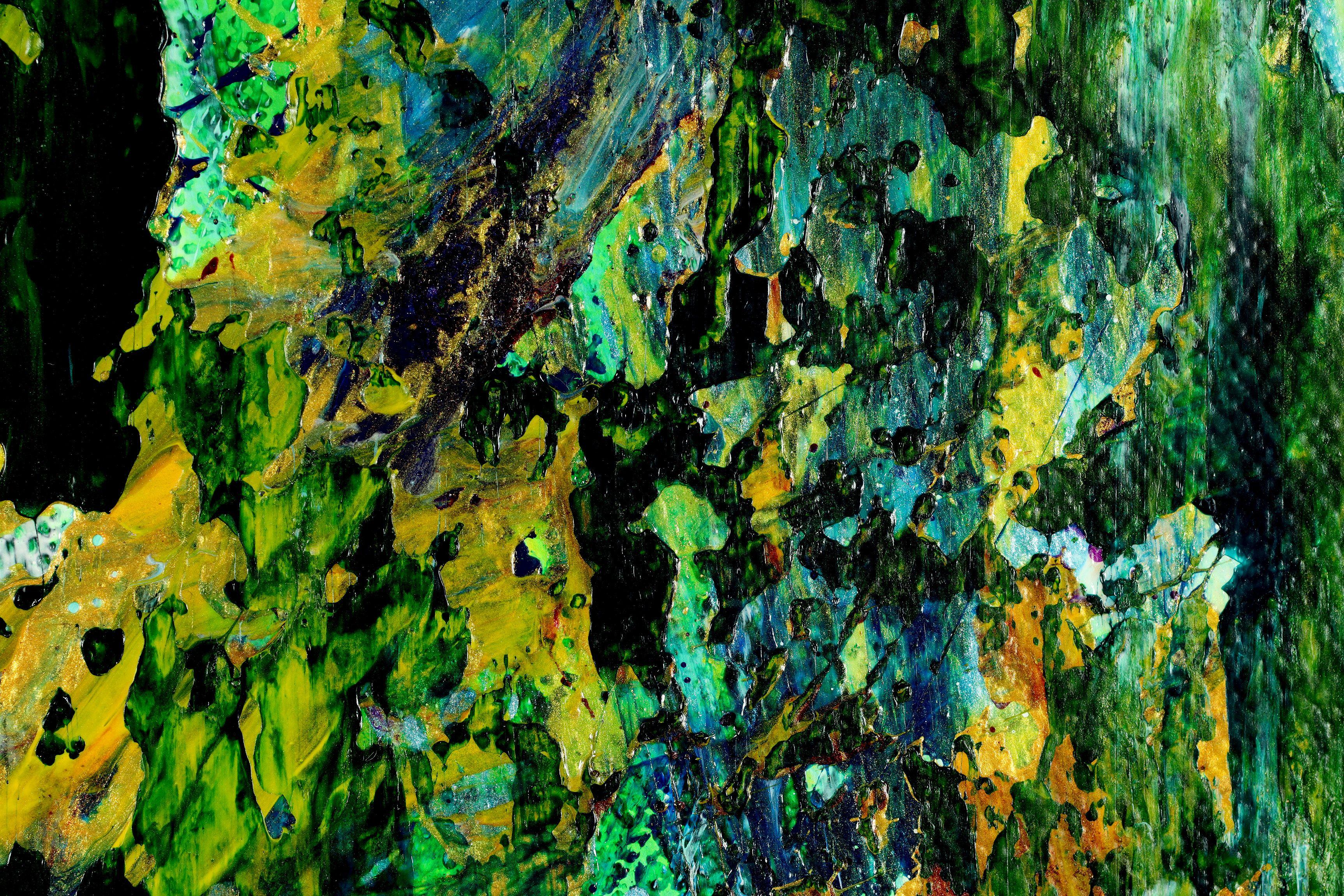Inspired by nature forest painting with earthy color blending, contrast and details. Textured with layers of green, blue, turquoise, yellow.    This artwork its glossy with fine palette knife details. impactful abstract. Signed in front. Ready to