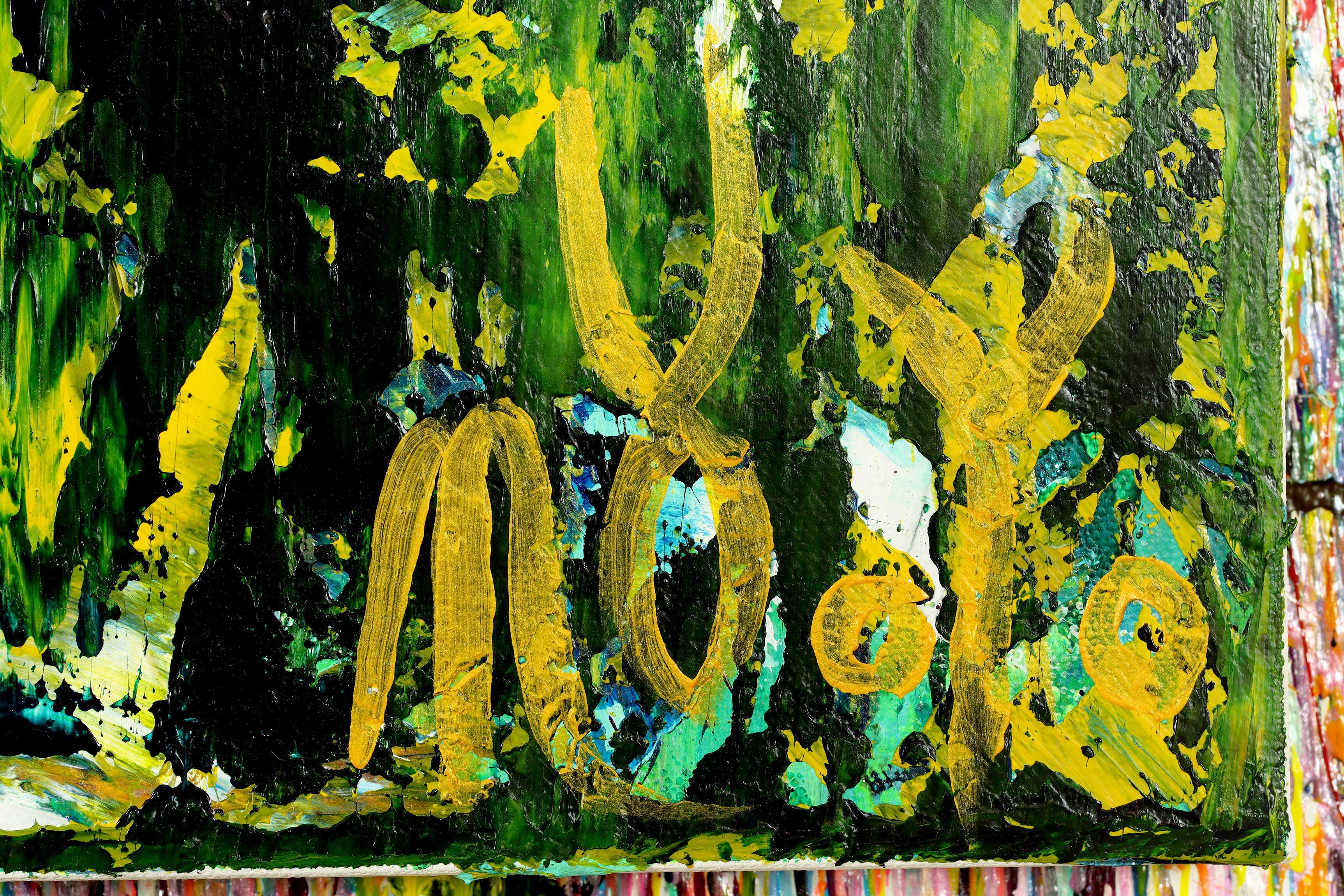 Ispirato alla pittura della foresta naturale con colori terrosi, contrasti e dettagli. Stratificato con strati di verde, blu, turchese e giallo.    Quest'opera d'arte è lucida con dettagli a spatola. astratto di grande impatto. Firmato davanti.