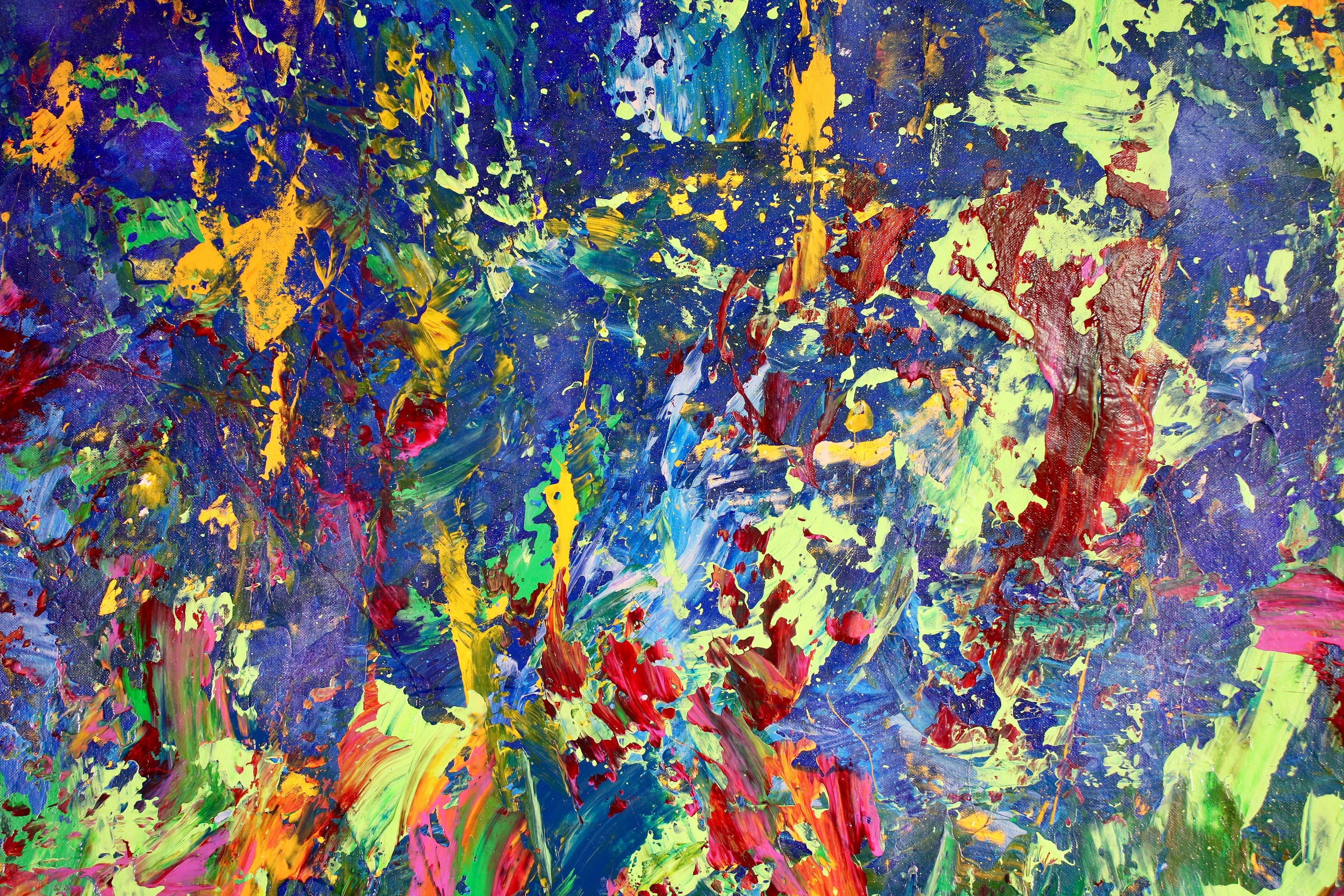 Ogni colore di questo dipinto di grande impatto è stato miscelato a mano con particelle di mica e polvere di bronzo per rendere il lavanda, l'arancione e il verde più intensi e brillanti. I colori sono stati versati in diverse fasi e modellati con