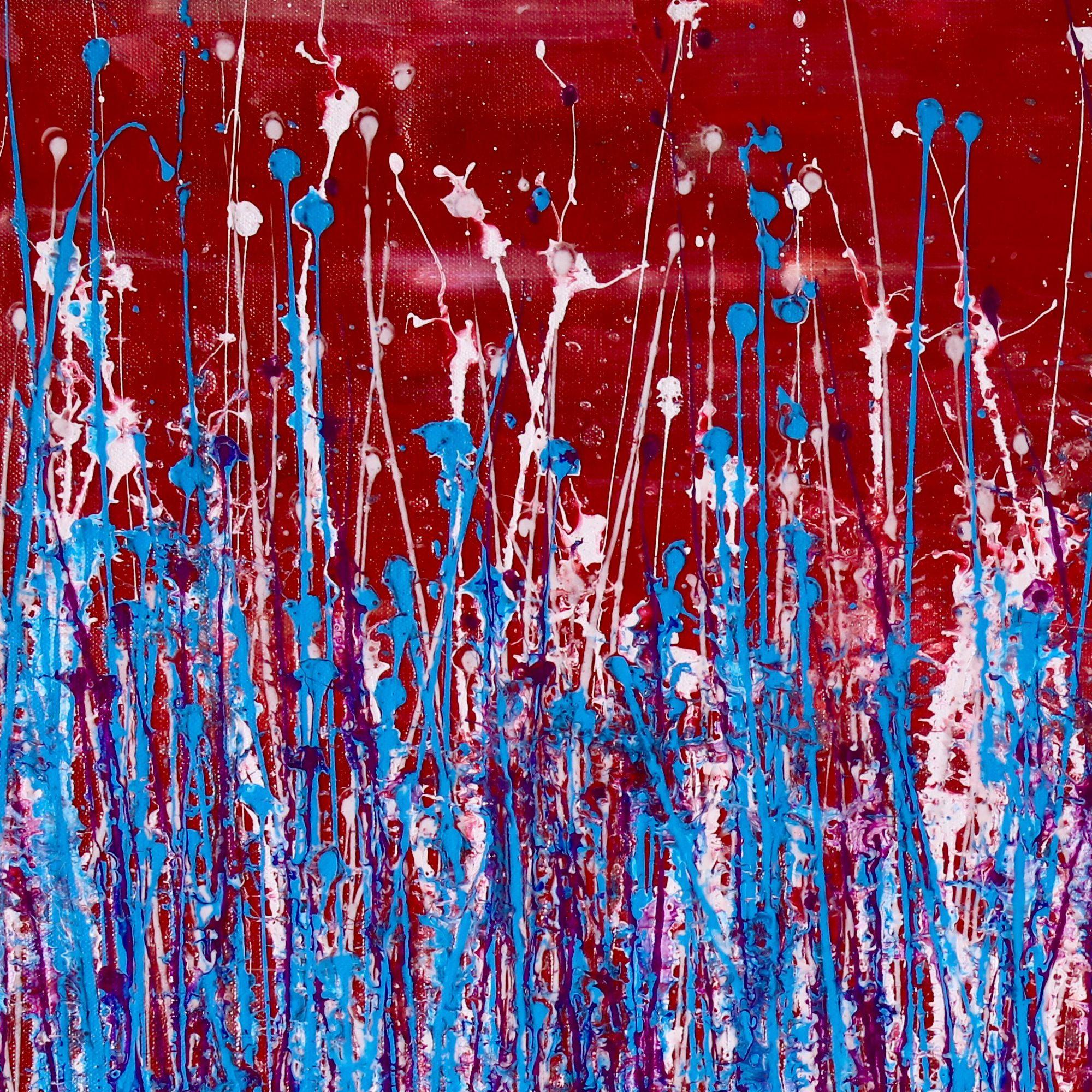 Expressionism bold colors from a dark red background to bright blue, iridescent purple and white. Very spontaneous feel and action packed!     This painting is on loose canvas and ships in a tube. This painting is signed in front, plenty of edge for
