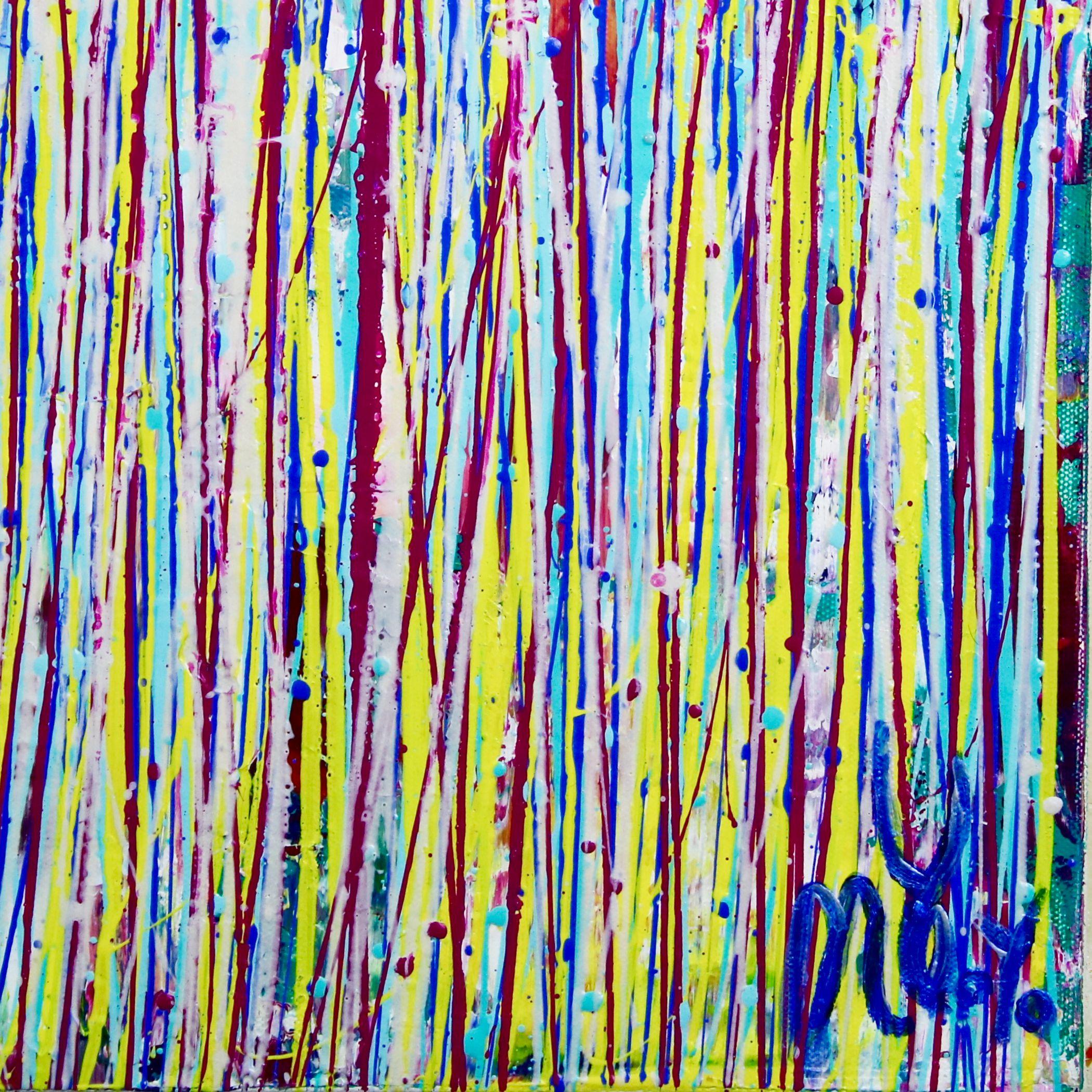 Ready to hang  Acrylic on canvas    Vibrant expressionistic abstract multi color background with burst of colors. Yellow, green, purple, metallic light blue and teal. This artwork arrives mounted in a wooden frame ready to hang!!! signed in front.  