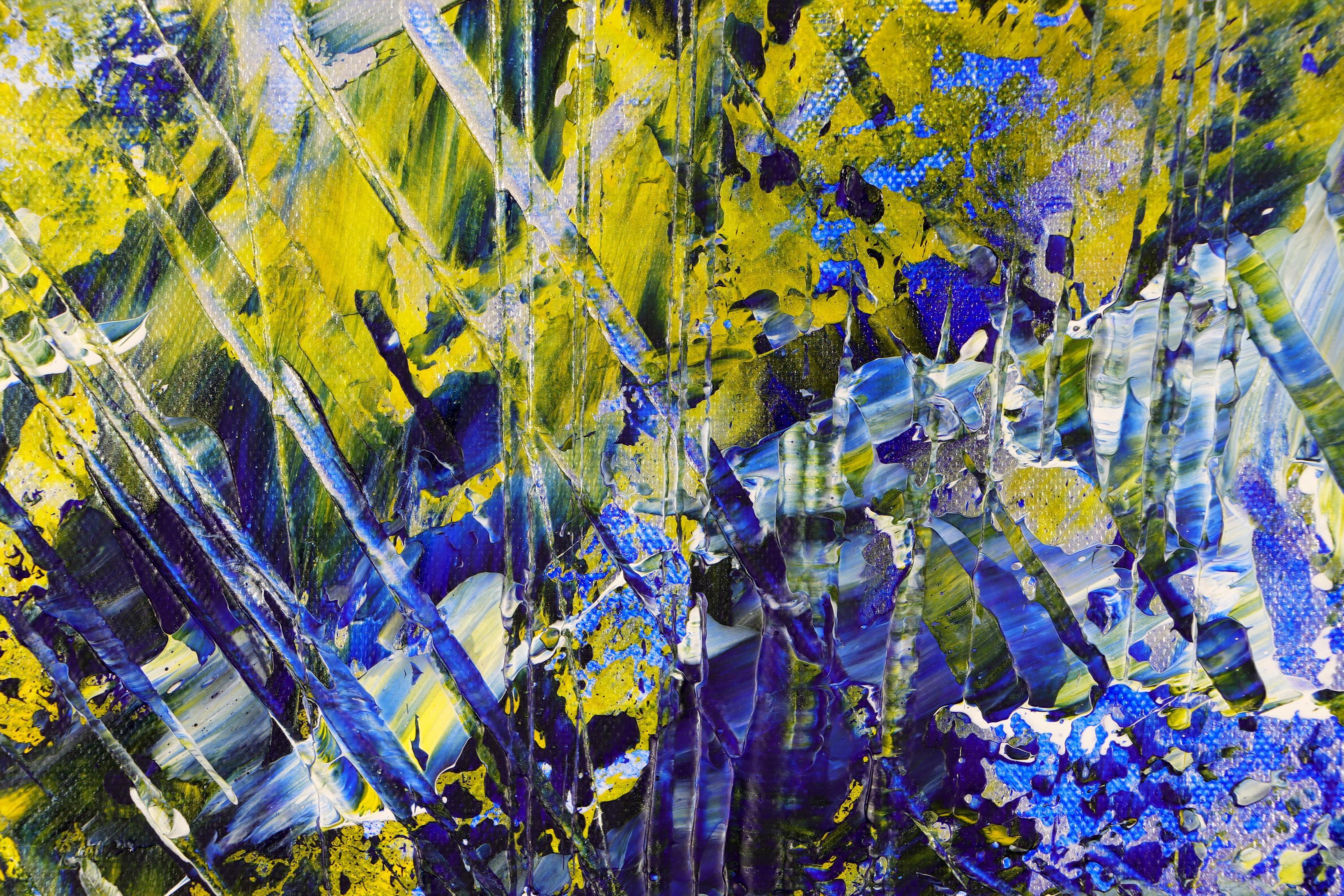Landscape painting with green, blue and yellow and silver color blending, contrast and details.    Inspired by colors of nature with subtle greens and intricate details (see close-ups).    This artwork its glossy with fine palette knife details.