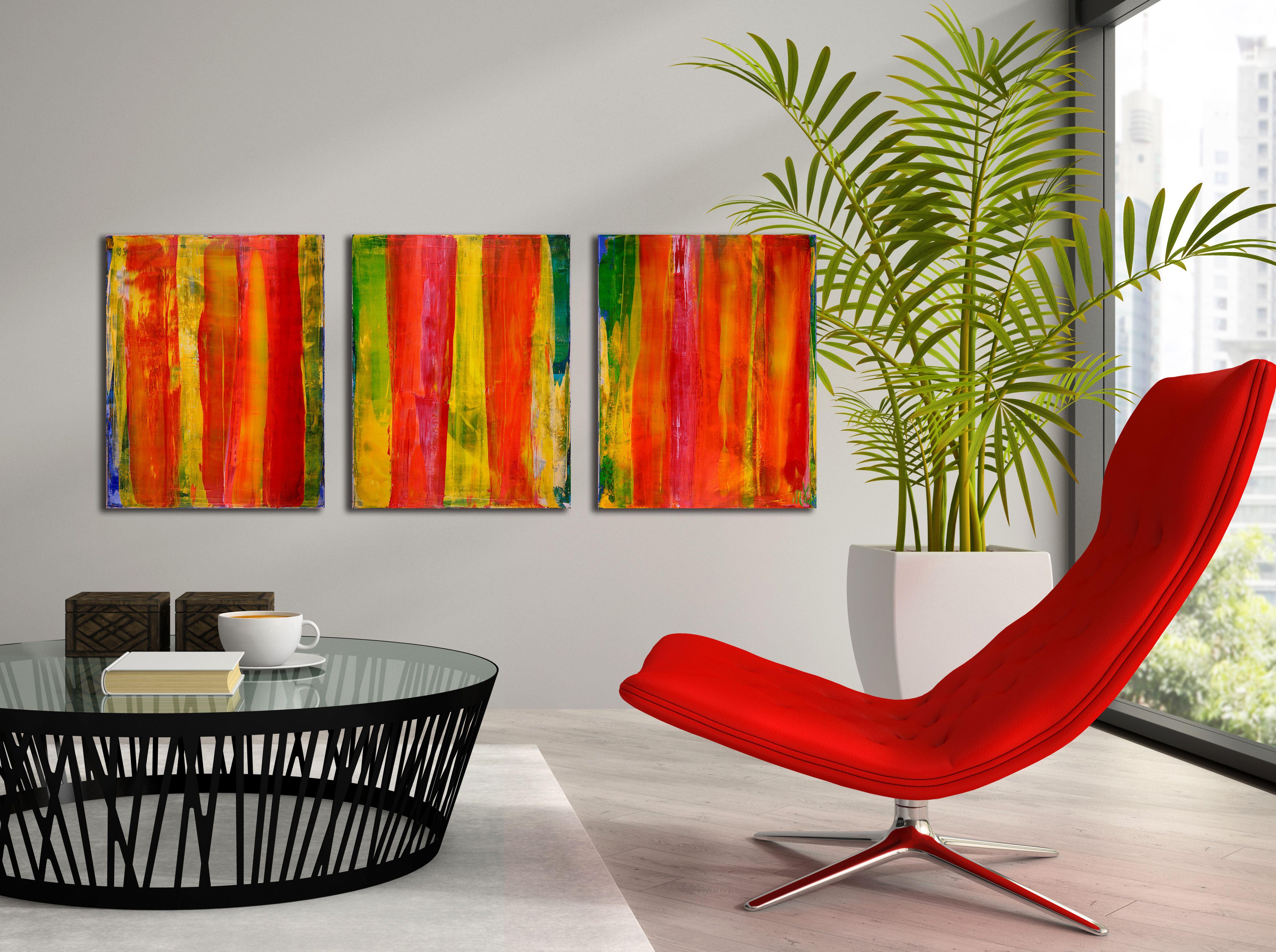 A Warm Day - Multi Canvas Triptych, Painting, Acrylic on Canvas - Orange Abstract Painting by Nestor Toro