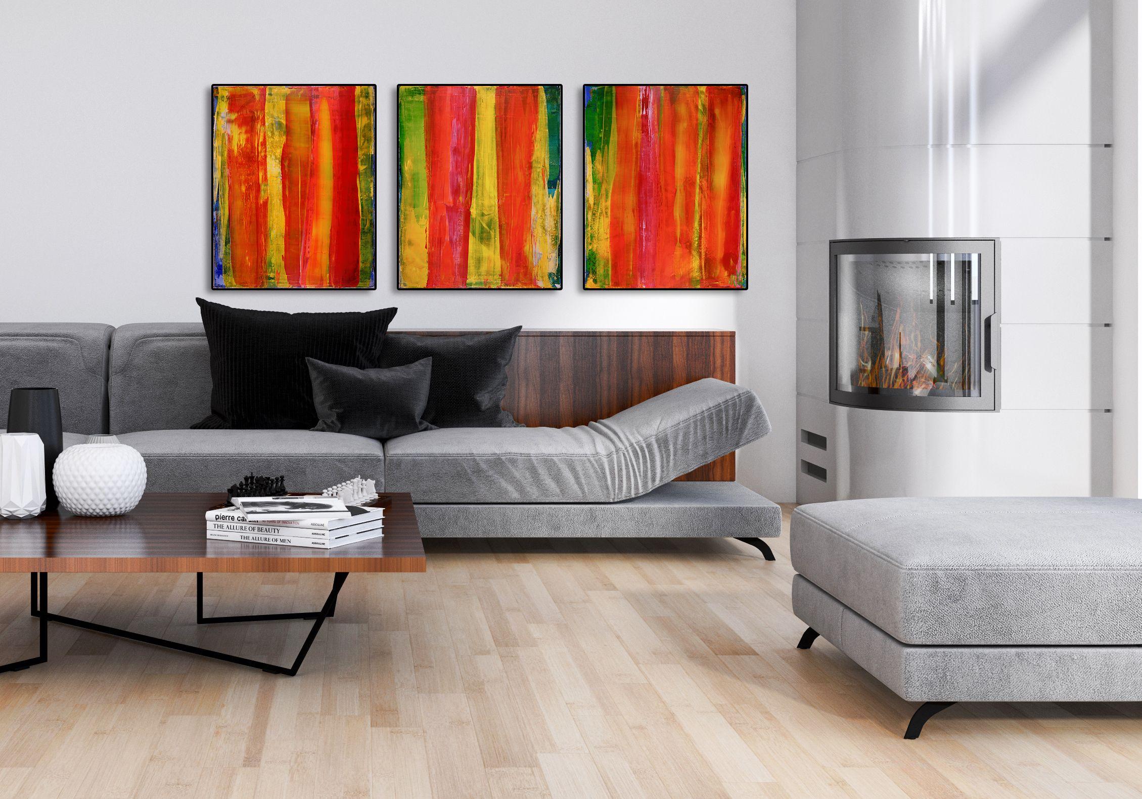 Multipanel acrylic abstract landscape bright color palette glossy finish. For this piece I used palette knifes and spatulas. Lots of energy and depth!!!    This work is a triptych which is comprised of 3 individual 16