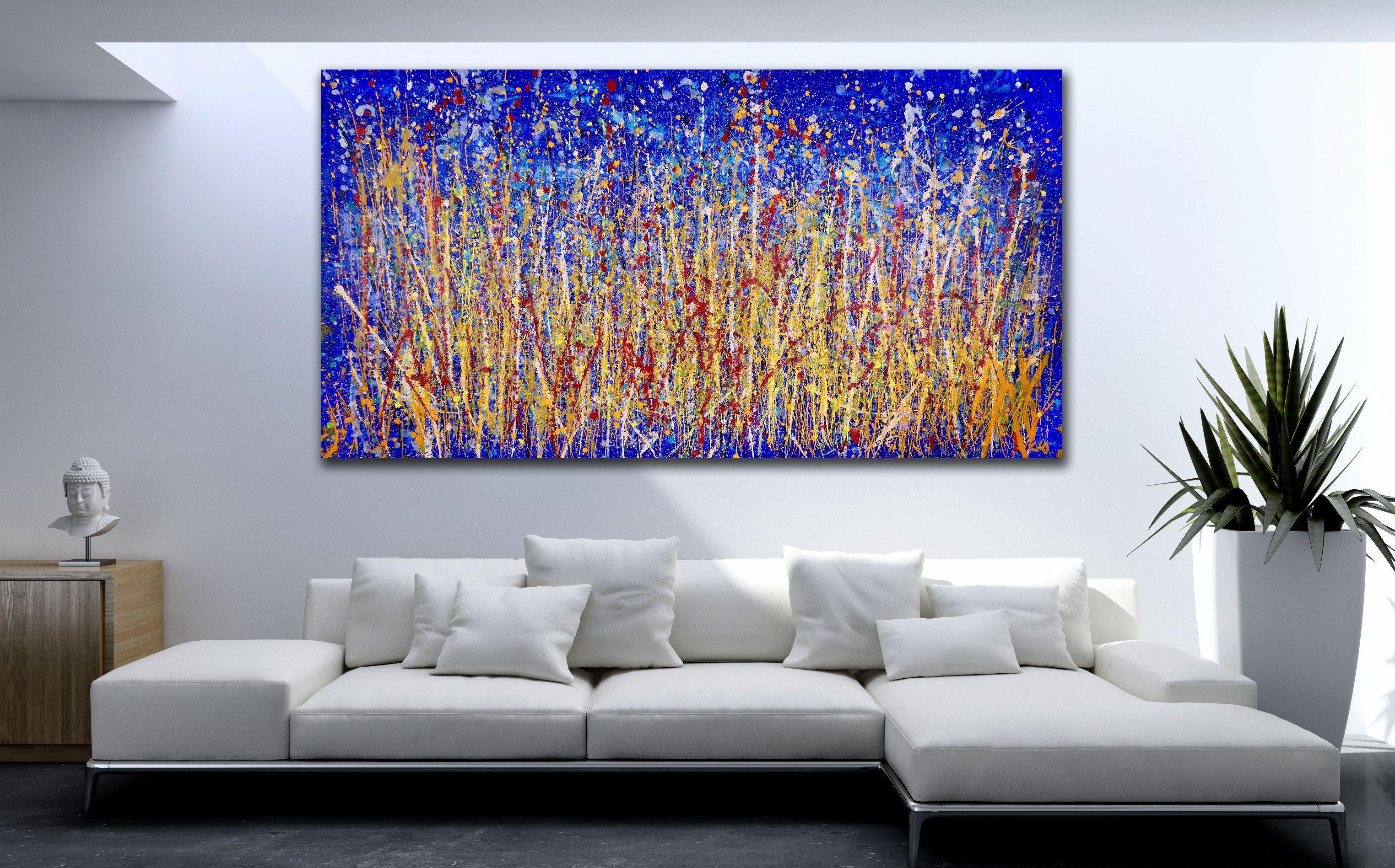 Oversized bold and very detailed piece with contrasting color blending, lots of drips and big palette knife strokes. This painting was completed after thousands of paint strokes of many color arrange all in motion and harmony full of light and fast