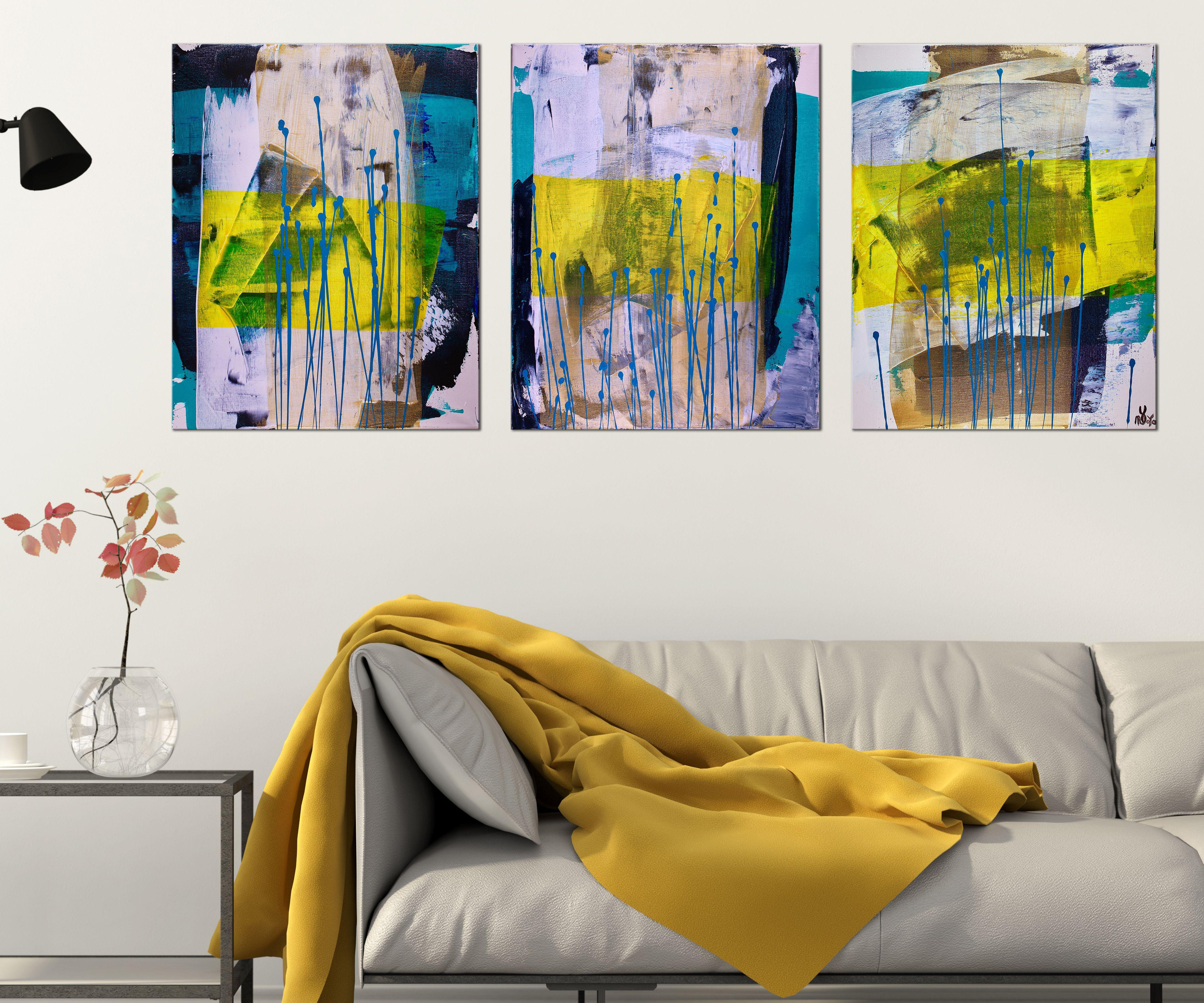 MULTI CANVAS ABSTRACT!!!    Spontaneous feel with organic and geometric imagery and shapes. Teal, yellow, white and gold.    I include a certificate of authenticity that lists the materials as well as when the painting was completed. Fine high