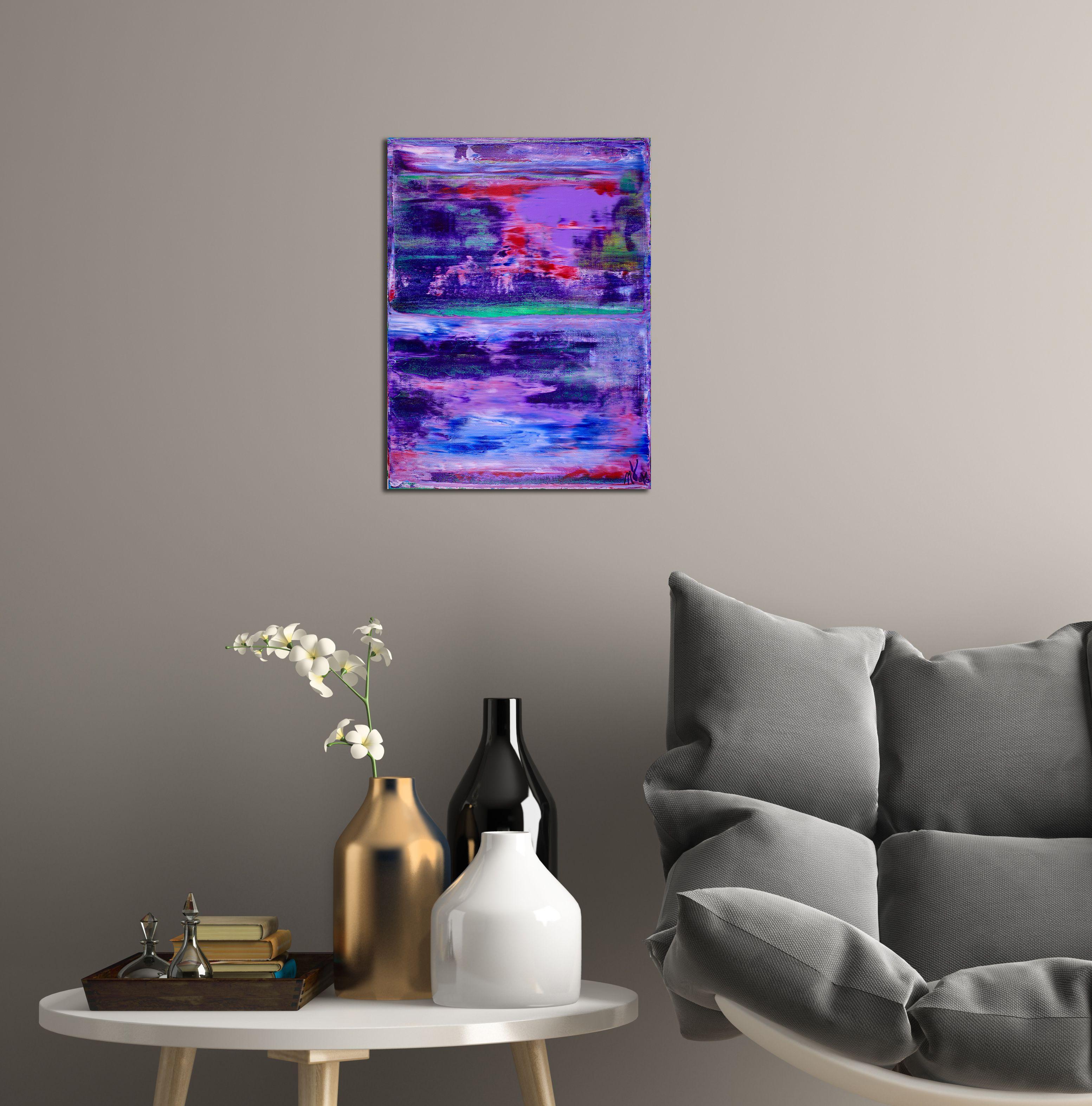 Acrylic abstract landscape mainly purple expressive contrasting color field painting. Textured and layered with fluid translucent acrylics and iridescent mediums. ORIGINAL FINE ABSTRACTS - ONE OF A KIND! I only make original works. Each is a one of