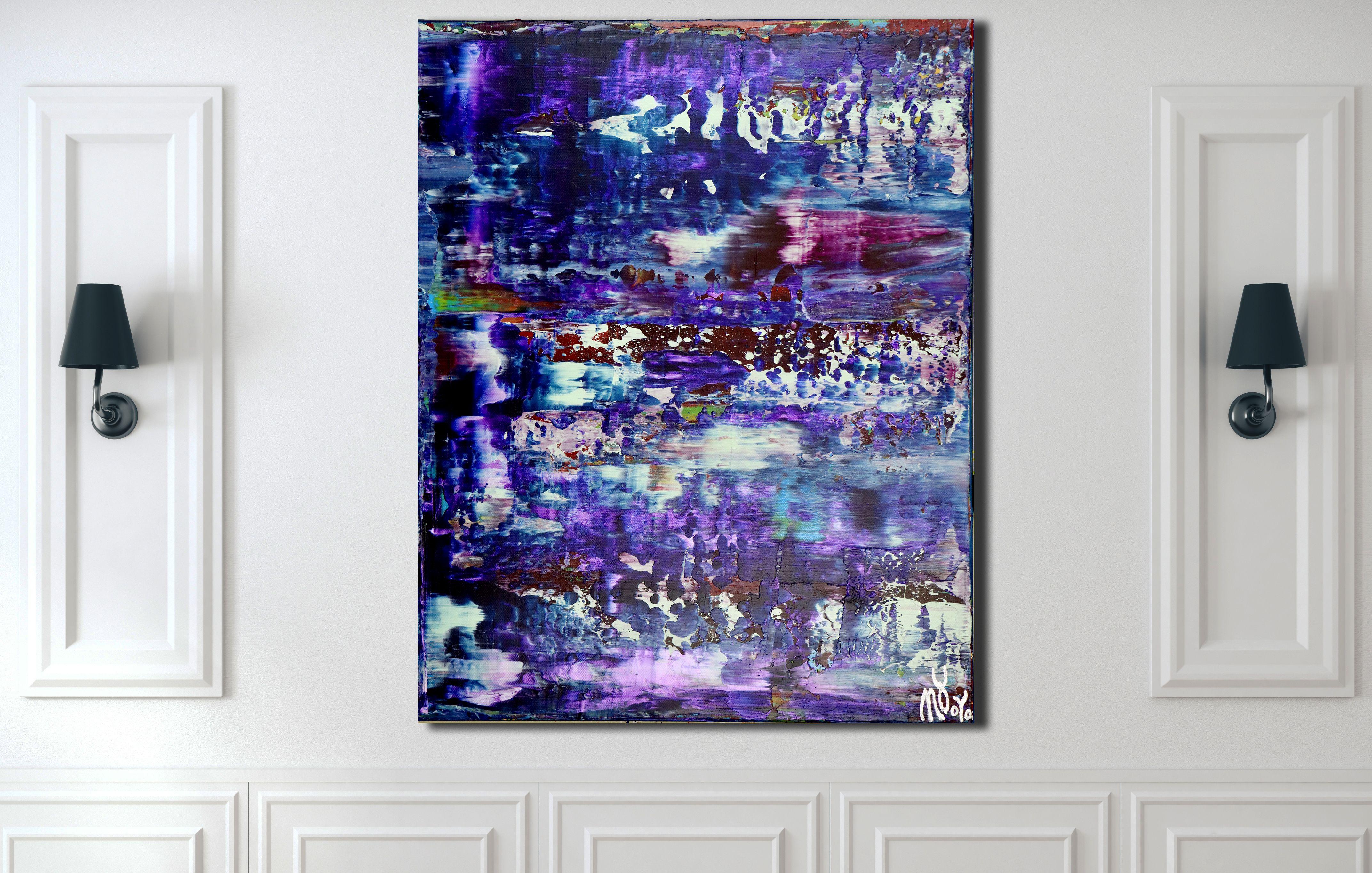 Bold contemplative color field in shades of purple, mint, blue, a little yellow with iridescent purple effects. This painting was completed using palette knifes. Artwork arrives ready to hang deep edge canvas, signed in front with silver ink.    I