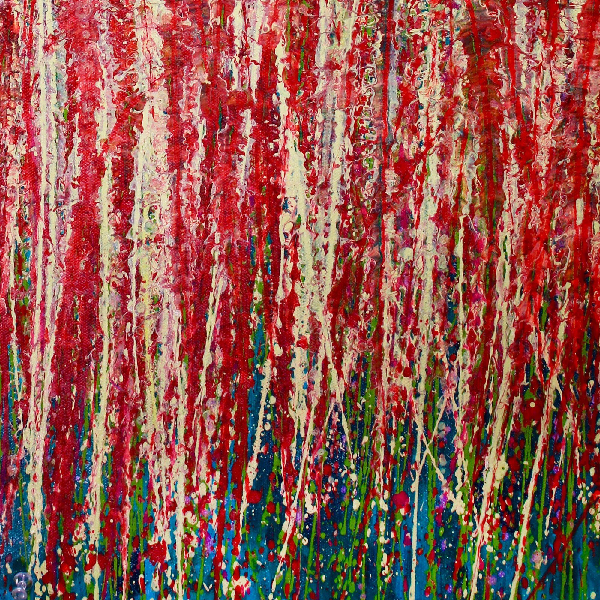 Un'audace pittura espressiva, con molti colpi di vernice e gocciolamenti, principalmente giallo Napoli e rosso e arancio cangianti su uno sfondo verde scuro.     Questo dipinto è su tela sciolta e viene spedito in un tubo. Questo quadro è firmato