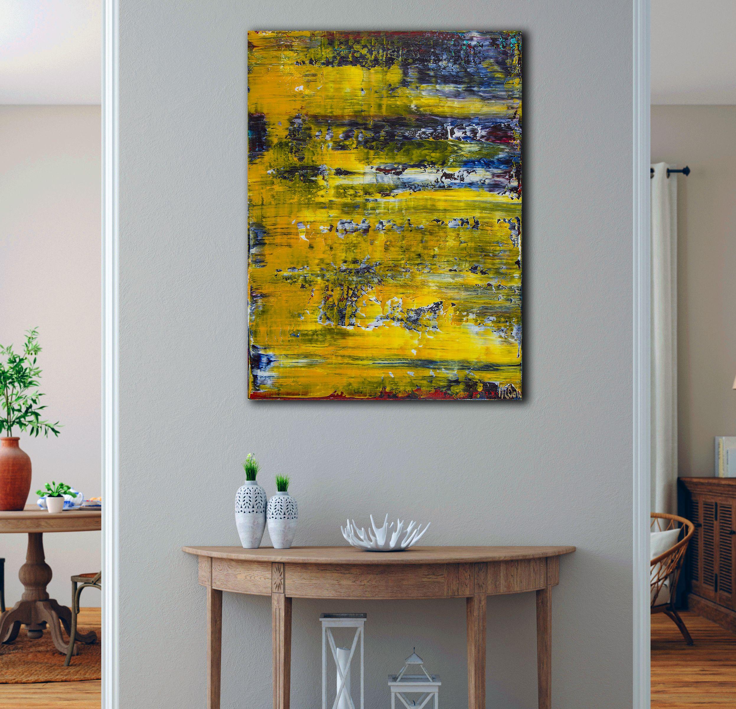 Painting: Acrylic on Canvas.    abstract minimalist painting  acrylic on canvas    This artwork was created layering and blending thin layers of indigo, white, yellow and a little magenta.    This artwork its glossy with fine palette knife details.