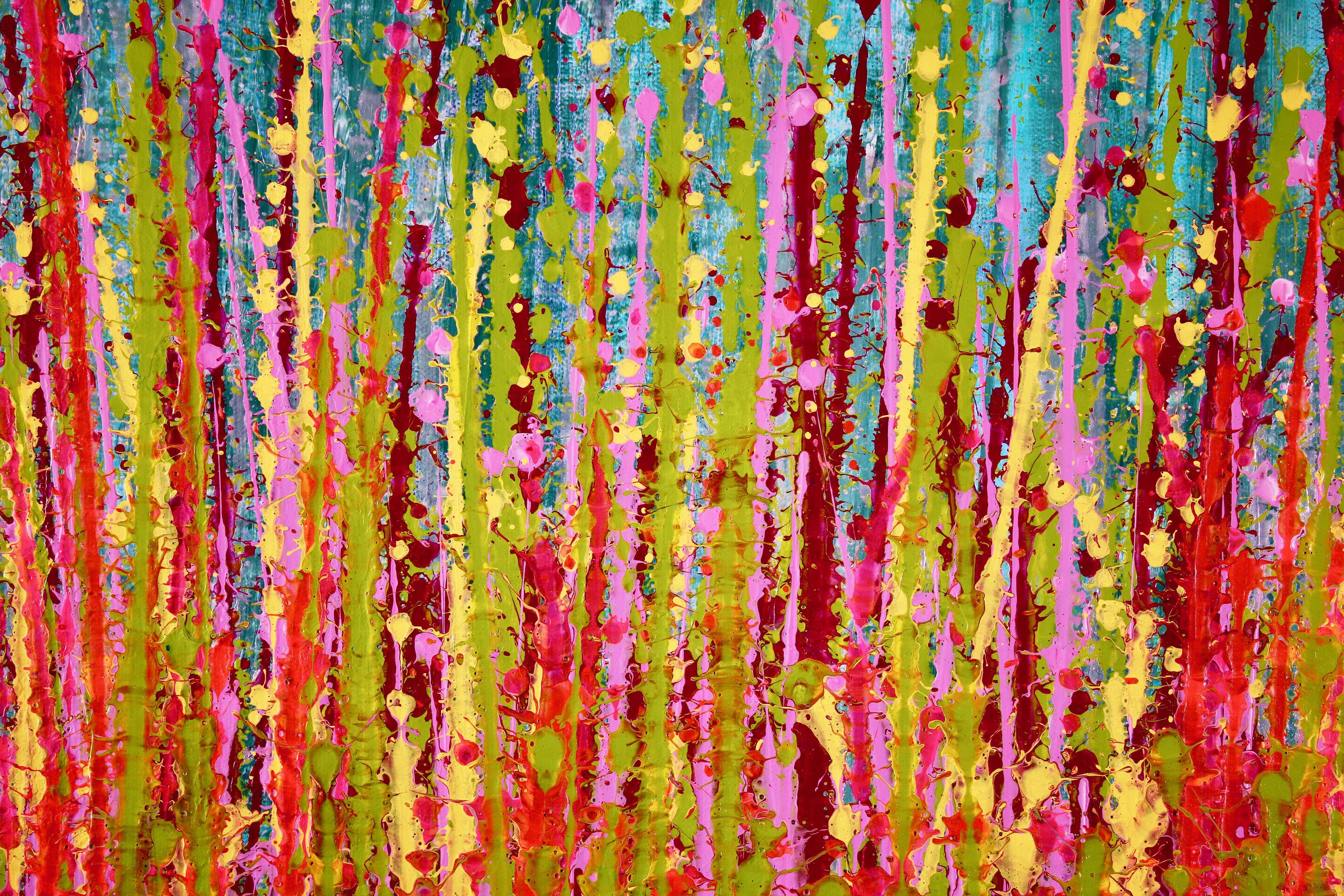 DEEP EDGE CANVAS READY TO HANG!     Vibrant colors in sequence making a very bold statement!    All colors are mixed with mica particles, this is an iridescent painting. Arrives mounted in a deep edge wooden frame ready to hang! Signed in front.   