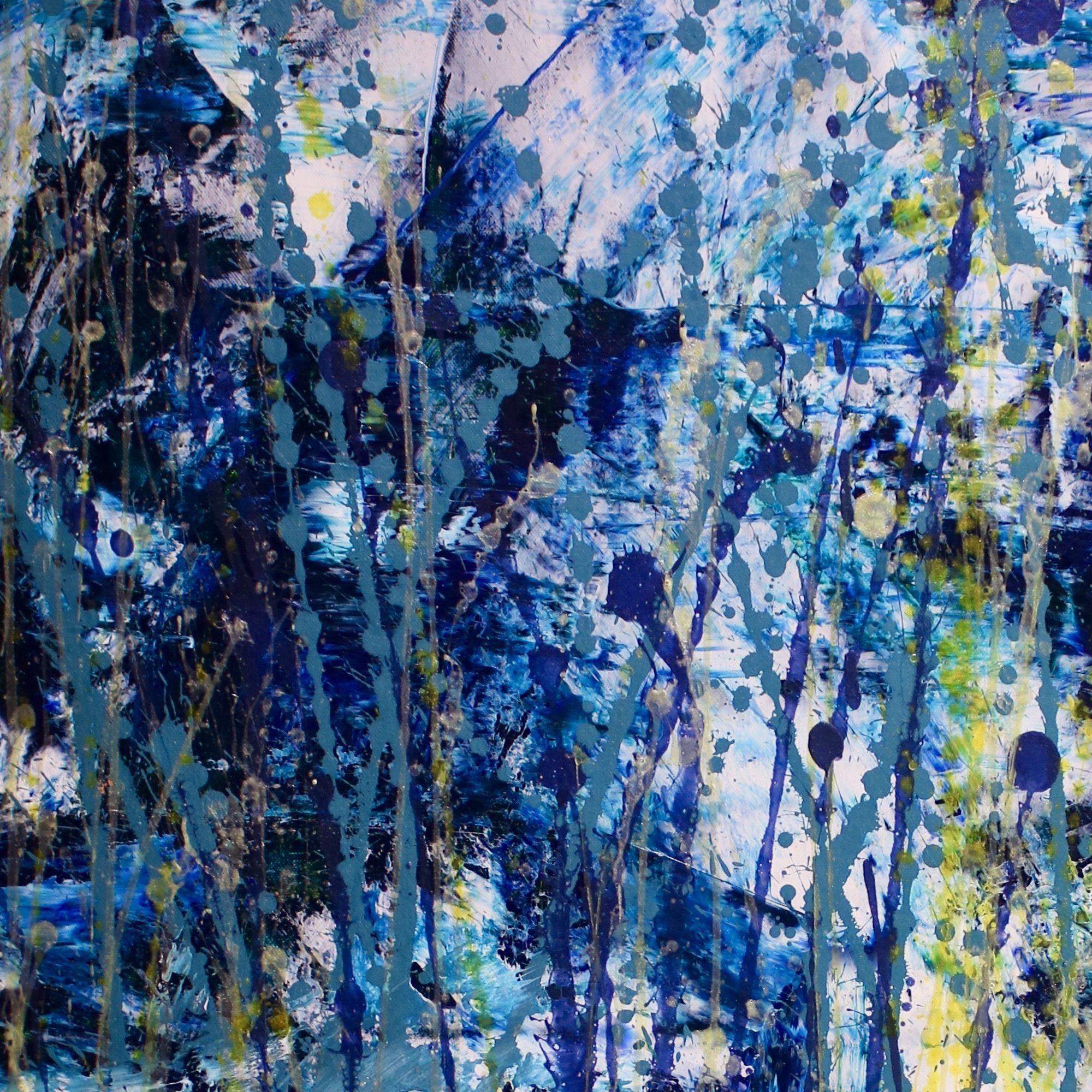 Per questo pezzo volevo creare un luogo oscuro ma invitante. Strati di blu, turchese, azzurro, manganese e audaci colpi di pittura gestuale dorata e blu metallizzata. Un pezzo dinamico e contemplativo. Firmato sul davanti, pronto per essere appeso. 