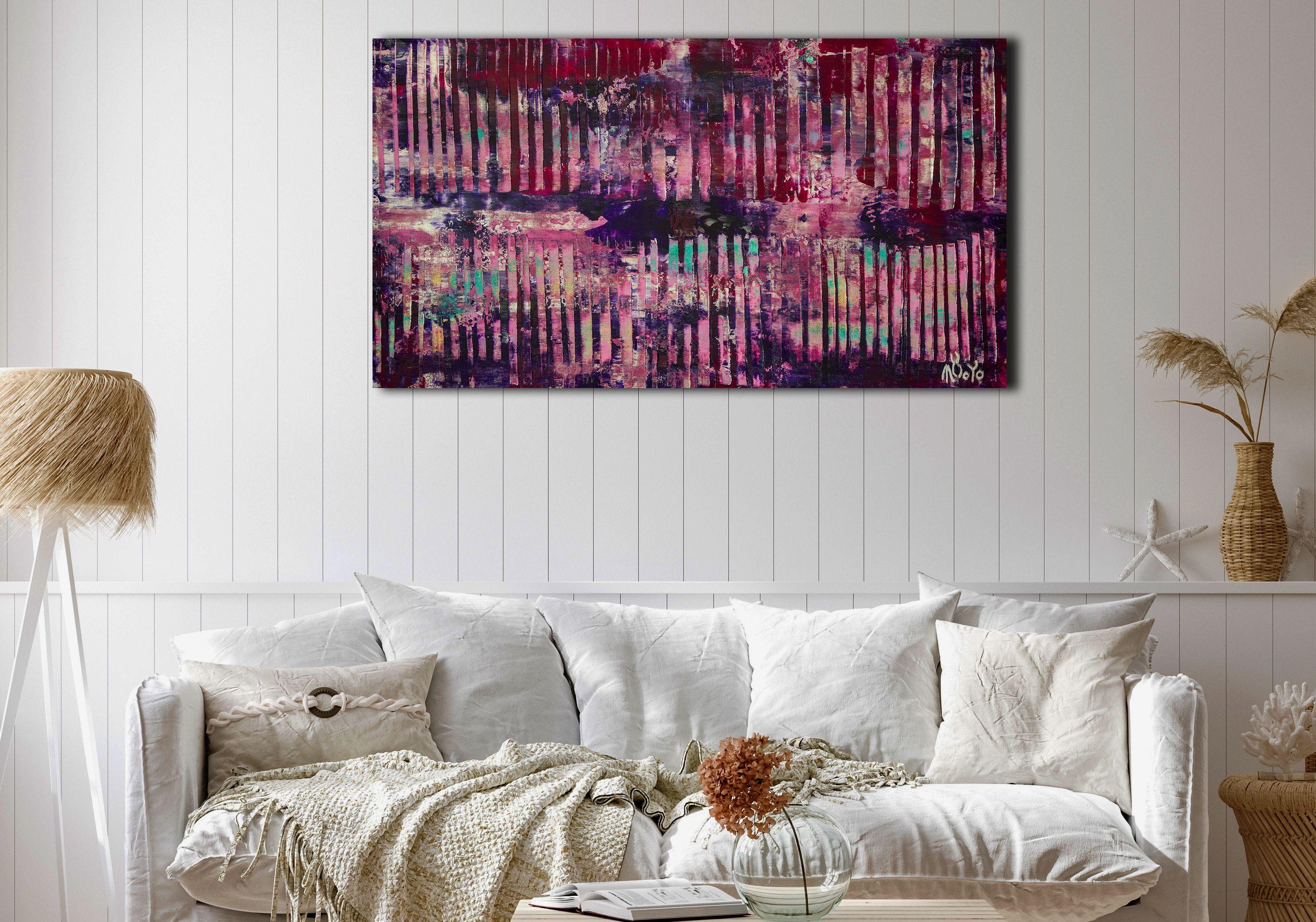 Painting: Acrylic on Canvas.    Pink and shades of teal, gold, and purple abstract. This painting is inspired by nature and intricate details.Signed in front. unframed size: 38 W x 22 H    I include a certificate of authenticity that lists the