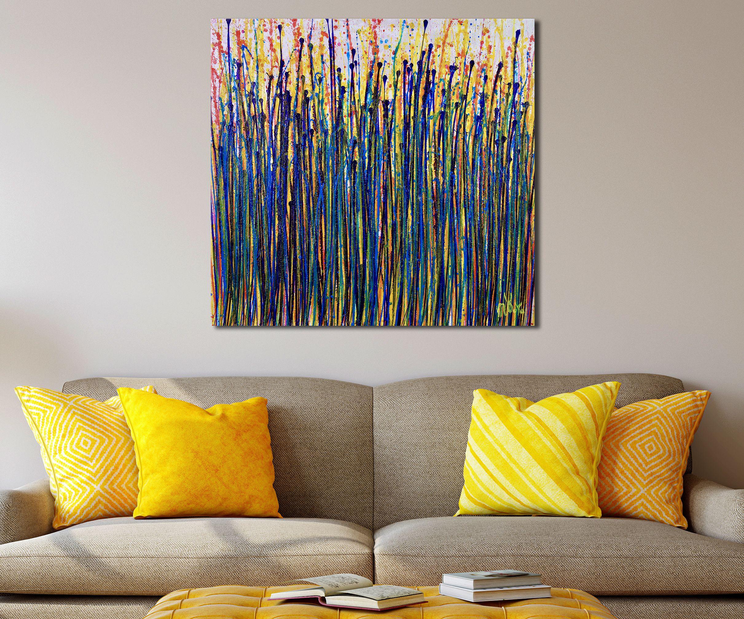 Vibrant expressionistic Inspired by nature abstract reflective silver background with burst of colors. Yellow, silver, blues, orange and iridescent purple. This artwork arrives in a tube, signed in front.    I include a certificate of authenticity