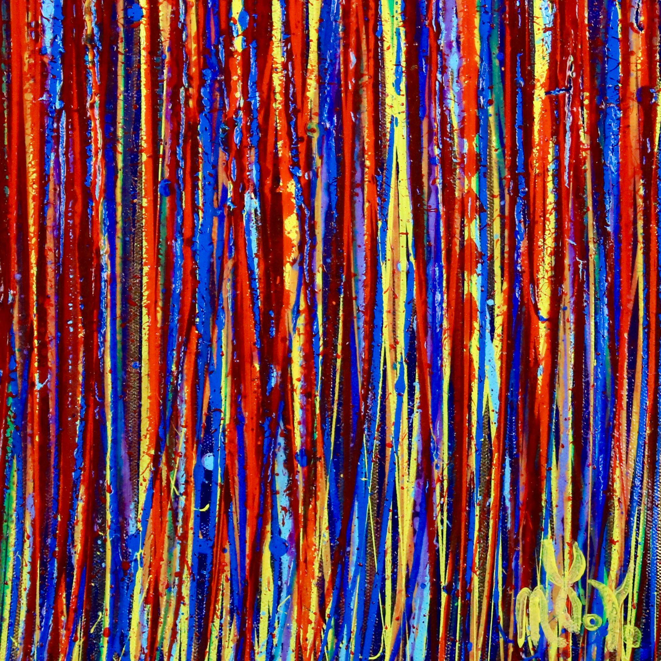 Vibrant expressionistic Inspired by nature abstract dark blue background with burst of colors. Yellow, blue and red. This artwork arrives in a tube, signed in front.    I include a certificate of authenticity that lists the materials as well as when