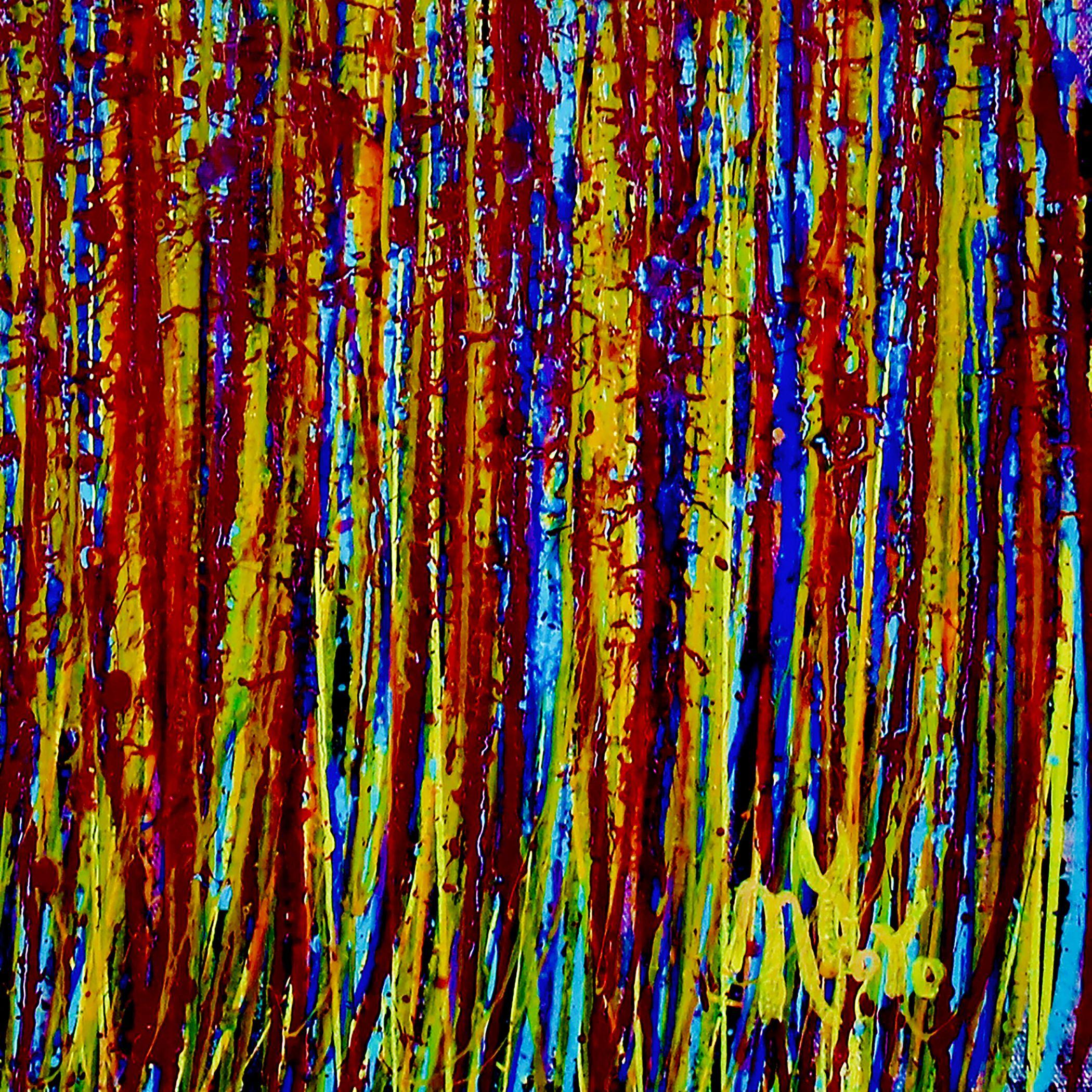 Lebendige expressionistische Inspiriert von der Natur abstrakten dunkelblauen Hintergrund mit Ausbruch von Farben. Gelb, blau und rot. Dieses Kunstwerk wird in einer Röhre geliefert und ist auf der Vorderseite signiert.    Ich lege ein