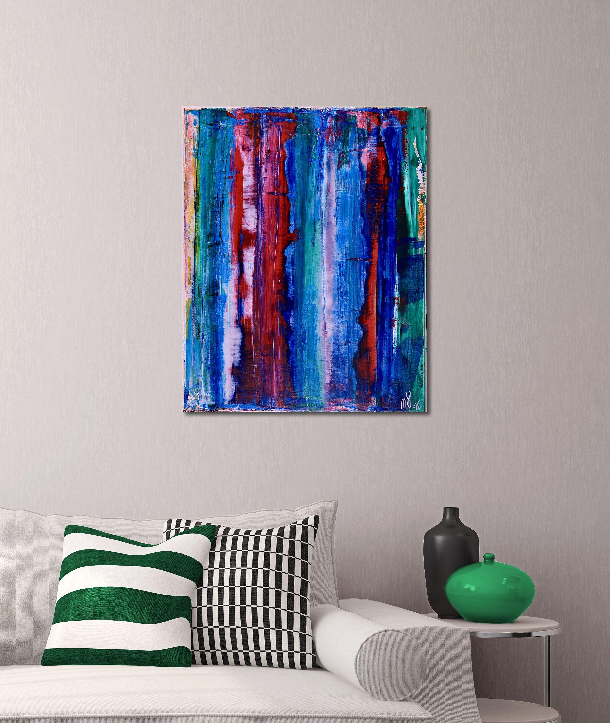 Pittura acrilica astratta con colori contrastanti blu, rossi e verdi. Texture e stratificazione con acrilici fluidi e traslucidi e medium iridescenti.    ASTRATTI ORIGINALI DI PREGIO - UNICI NEL LORO GENERE!  Realizzo solo opere originali. Ogni