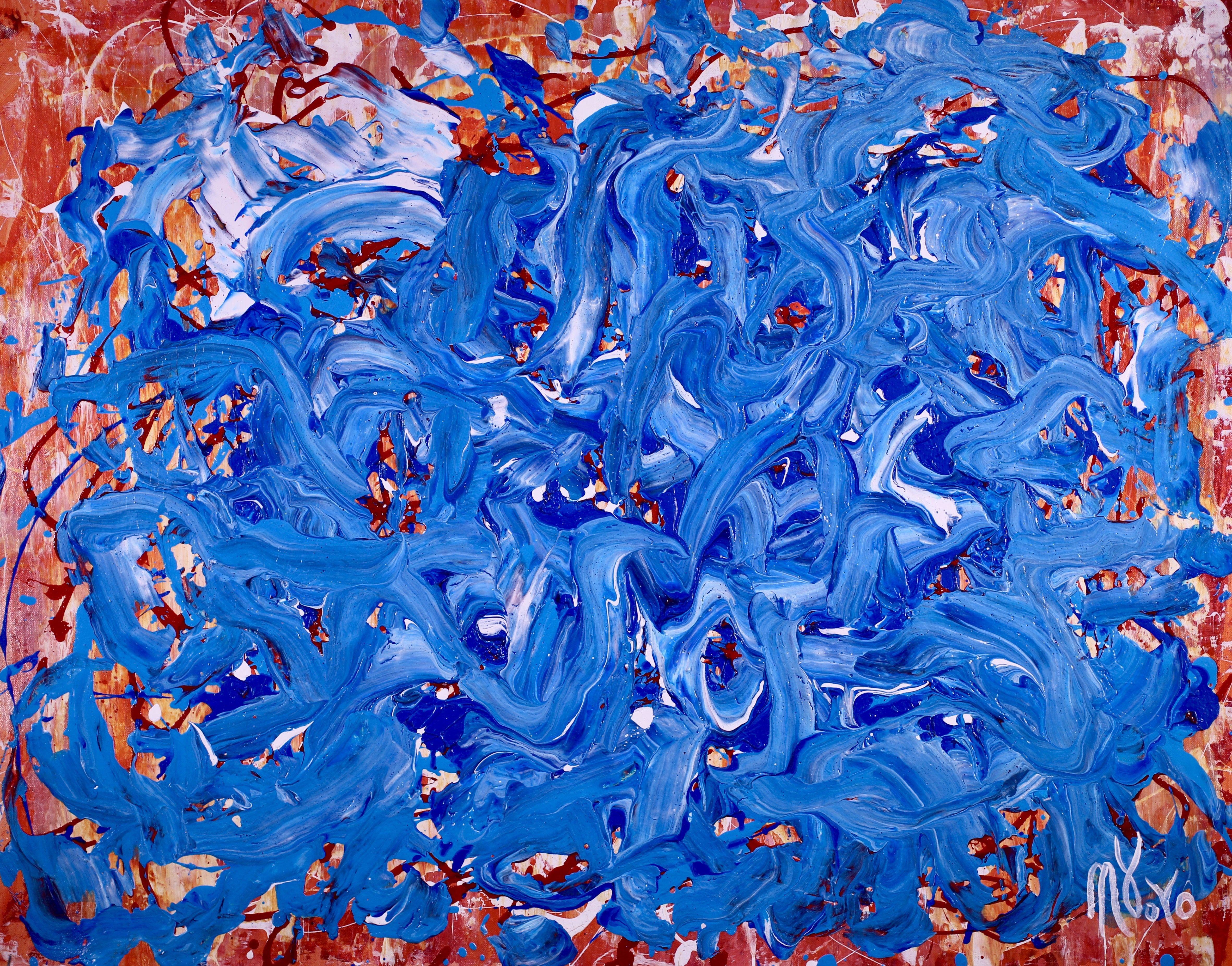 Nestor Toro Abstract Painting – Blaue Satinwellen, Gemälde, Acryl auf Leinwand