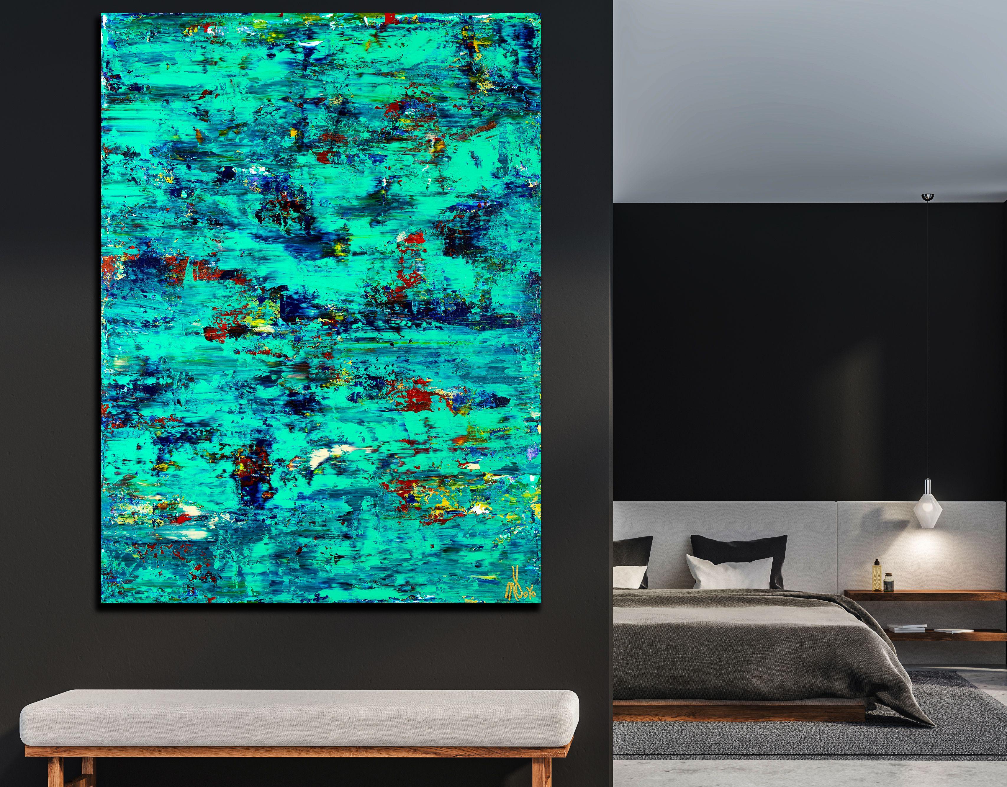 Bold contemplative color field with ocean colors! Teal, blue, turquoise, magenta, purple and white. Artwork arrives ready to hang and signed in front.    For this work I used a large palette knife and hand mixed acrylic paint and mediums. The work