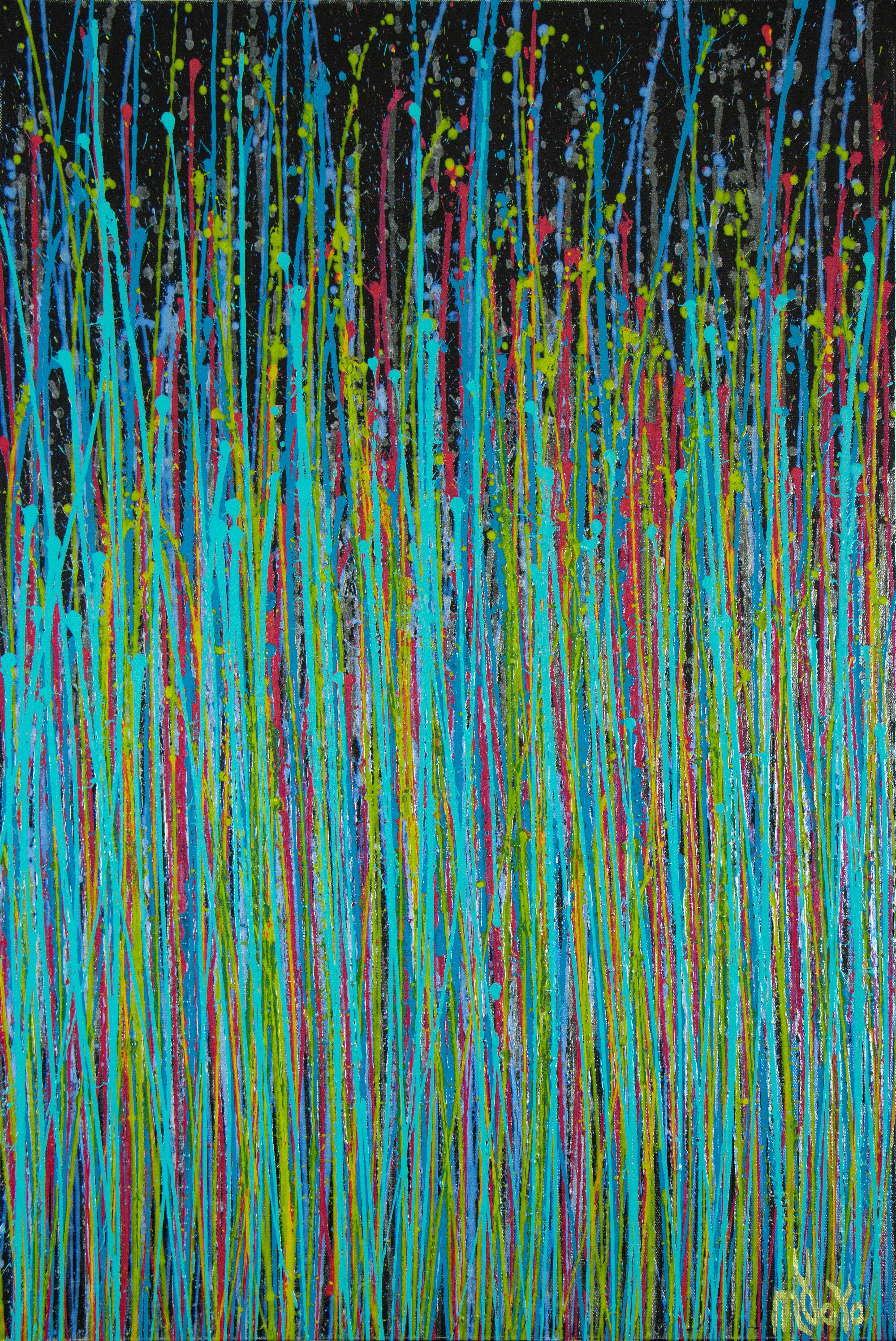 Expressive modern abstract, bold full of life, gloss and shimmer! inspired by nature. Shades of iridescent blue, yellow, red, teal over black background. signed in front.    I include a certificate of authenticity that lists the materials as well as