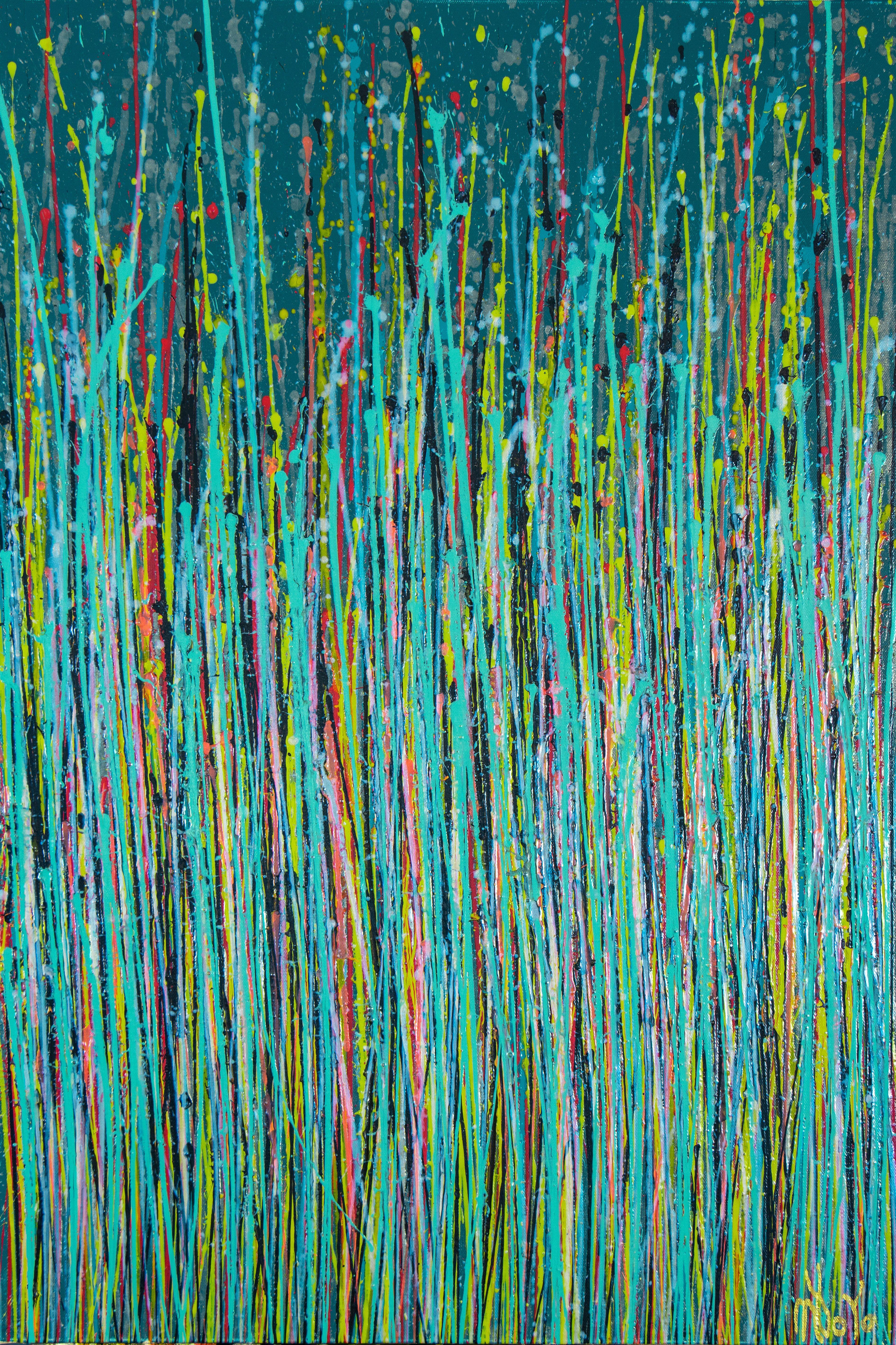 Expressive modern abstract, bold full of life, gloss and shimmer! inspired by nature. Shades of iridescent blue, yellow, red, teal over blue background. signed in front.    I include a certificate of authenticity that lists the materials as well as