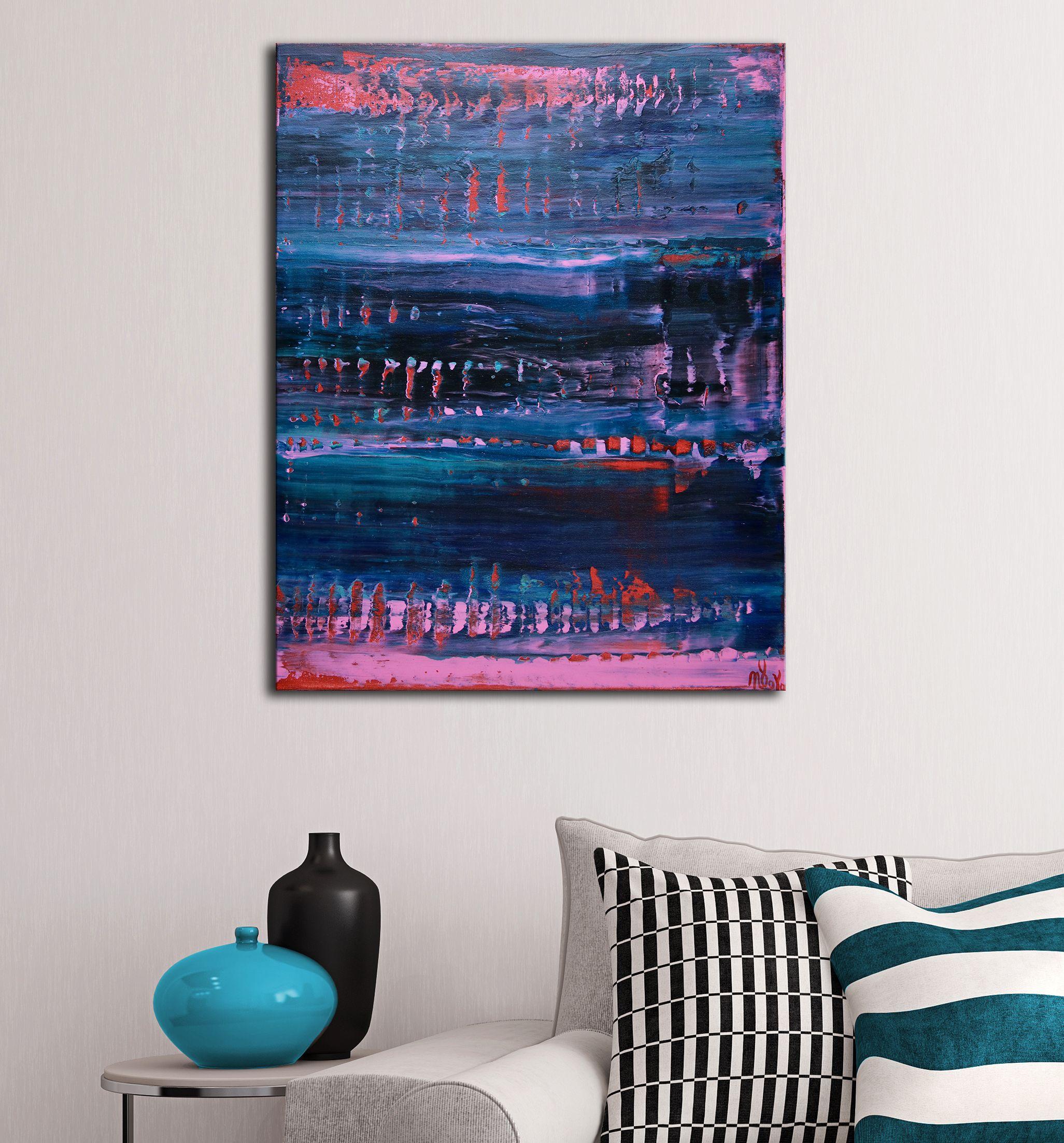 Abstract colorfield with dark shades and also lots of light. Red, pink and blues toned down by dark teal. This painting arrives mounted in a wooden canvas, sides painted, signed in front.    I include a certificate of authenticity that lists the