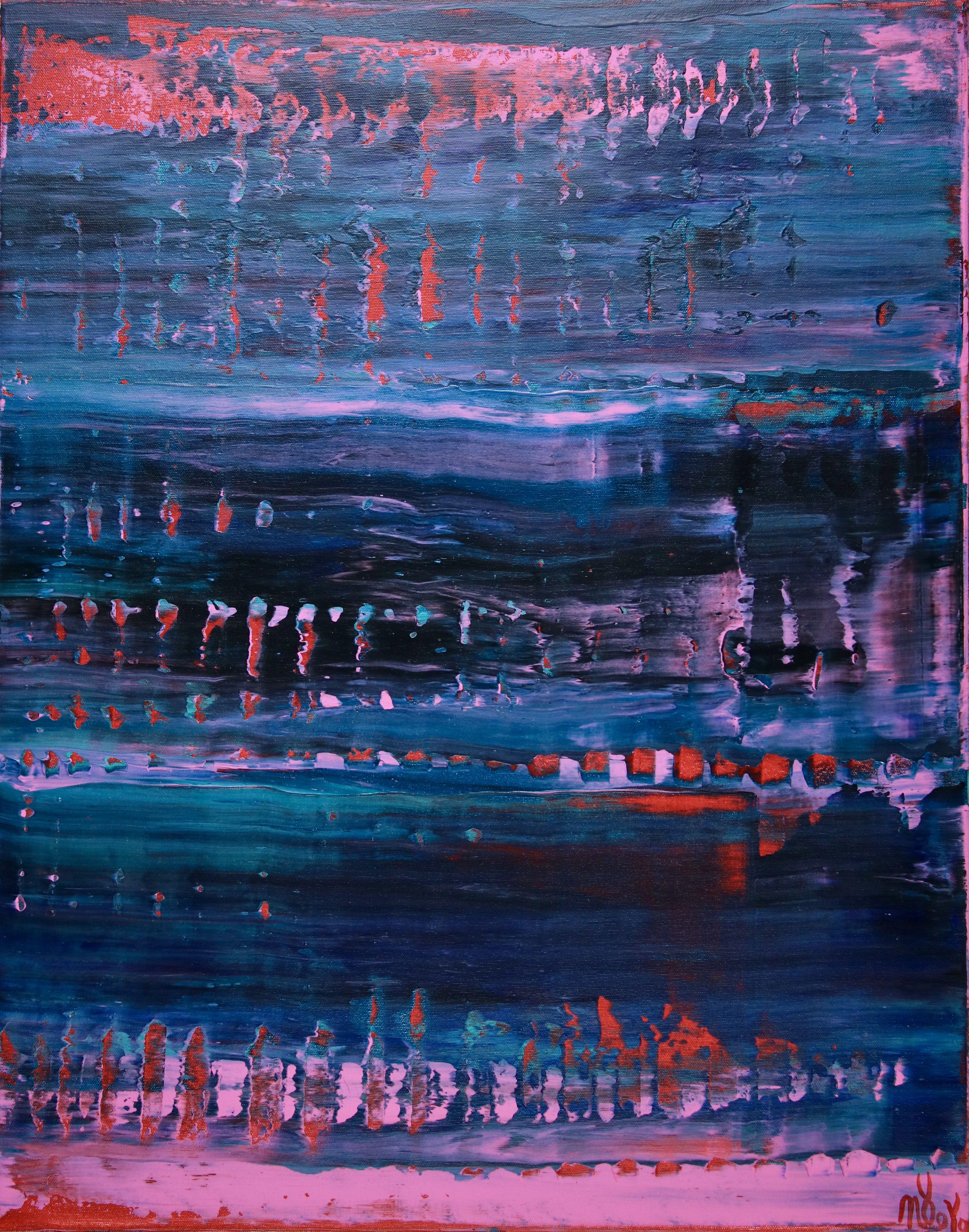 Nestor Toro Abstract Painting – Blau mit roten Eingriffen, Gemälde, Acryl auf Leinwand