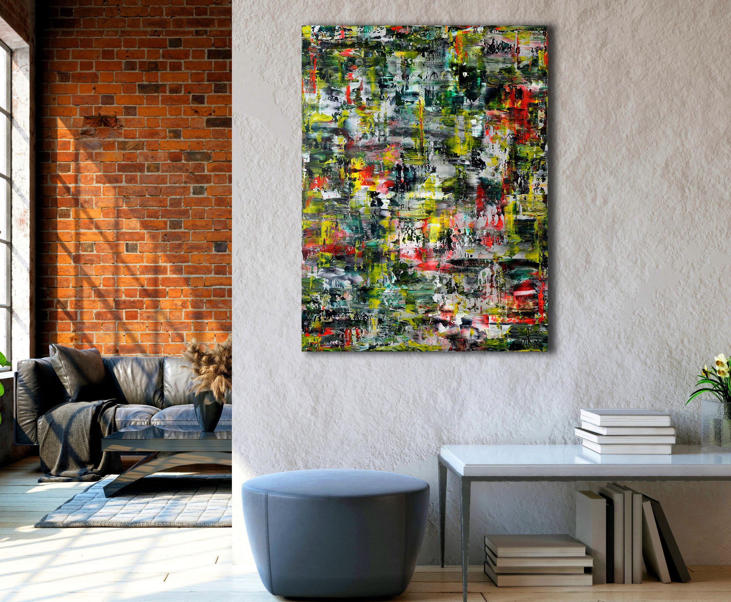 Abstract painting  acrylic on canvas    This artwork was created layering and blending many layers of bright bold colors lots of texture. Bright red, silver, white, green and yellow, gloss finish.    Ready to hang and deep edge.    I include a