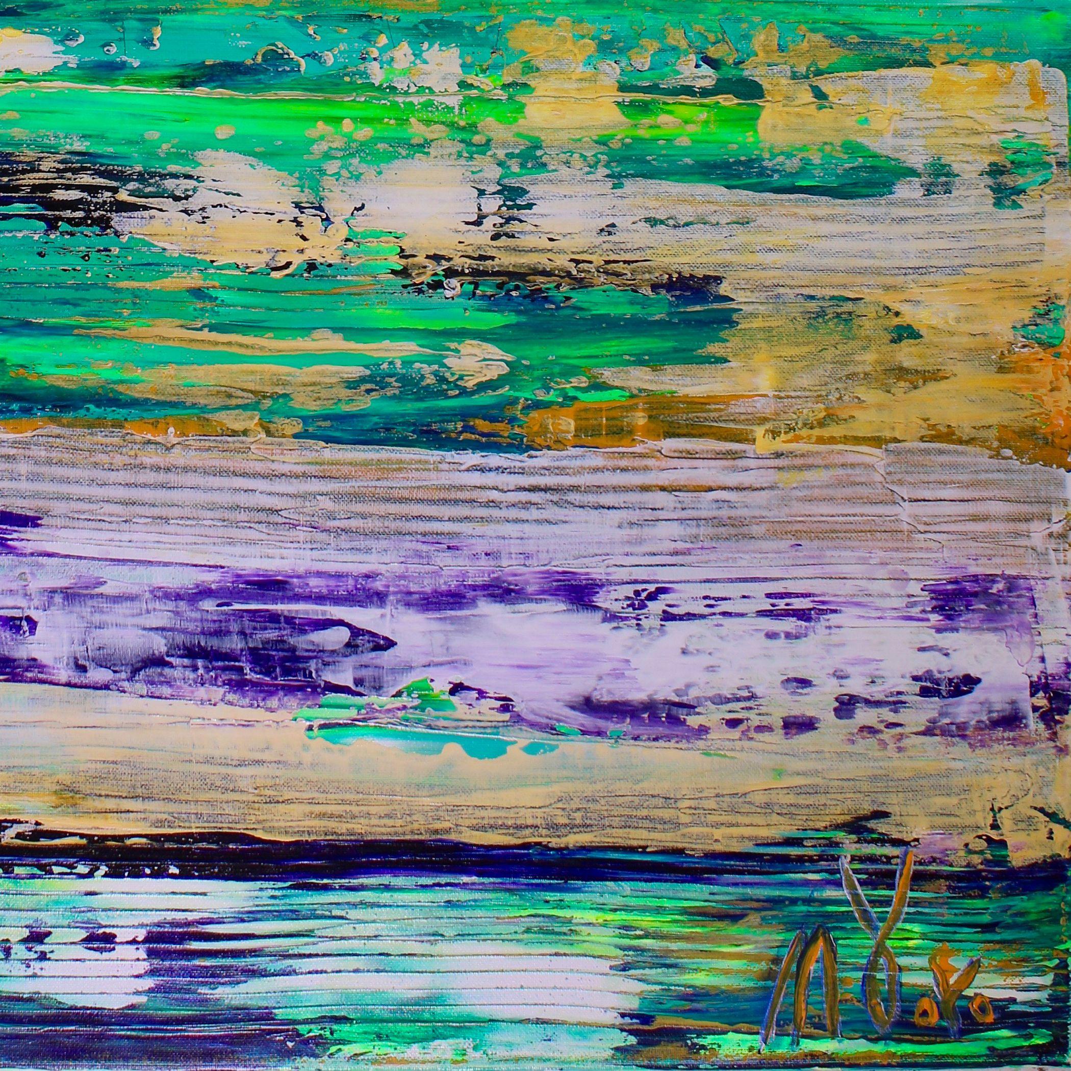 Paleta de colores brillantes campo de color abstracto acrílico. Aqua, verde claro, amarillo, azul y morado. ¡Una pieza audaz y hermosa!     Este cuadro abstracto original, único en su género, fue creado por el pintor abstracto superventas