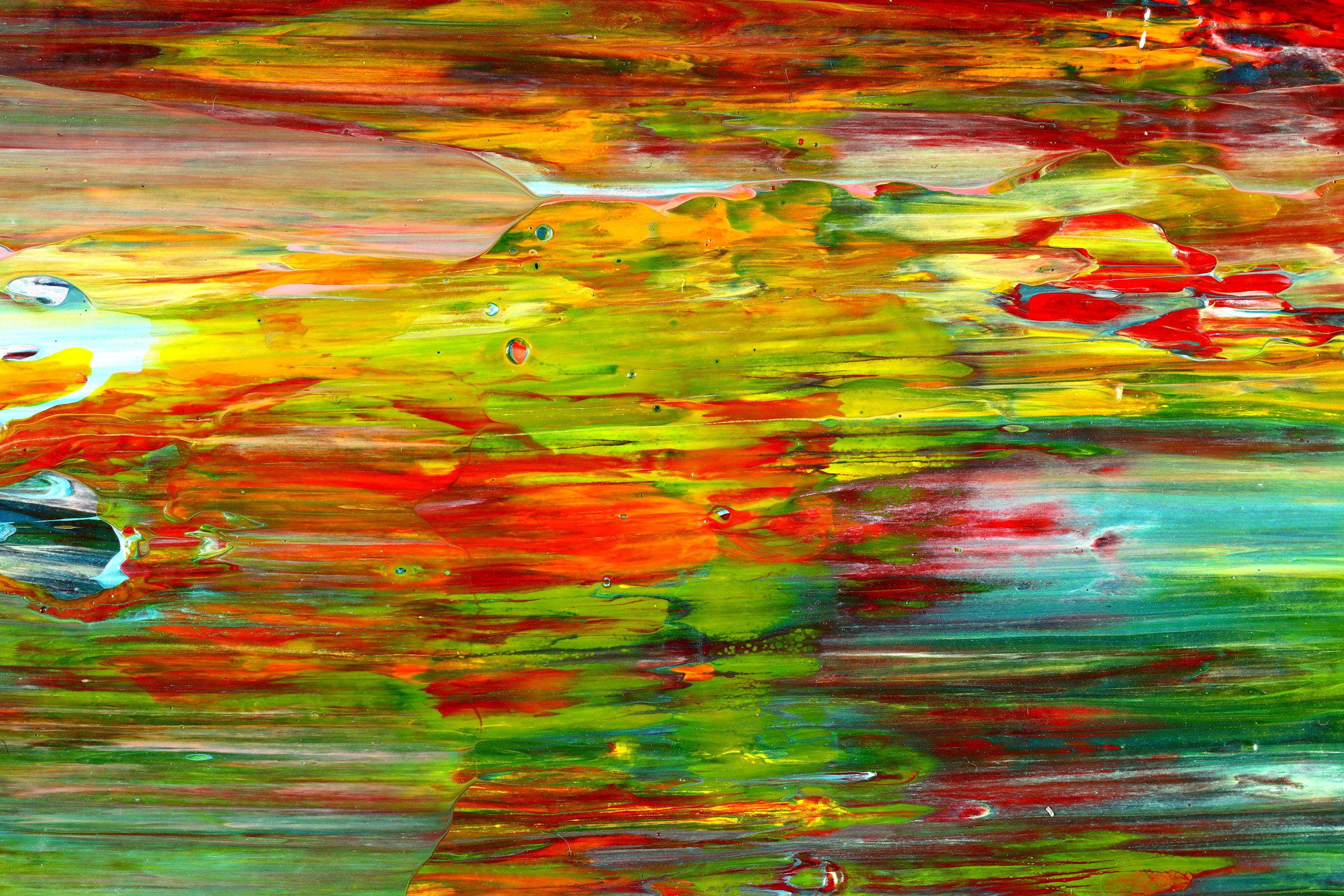 pintura abstracta  acrílico sobre lienzo    Esta obra de arte se creó superponiendo y mezclando capas de colores brillantes, amarillo, turquesa, magenta, verde azulado, naranja, rosa y algunos matices verdes. Firmado y listo para colgar.    Para
