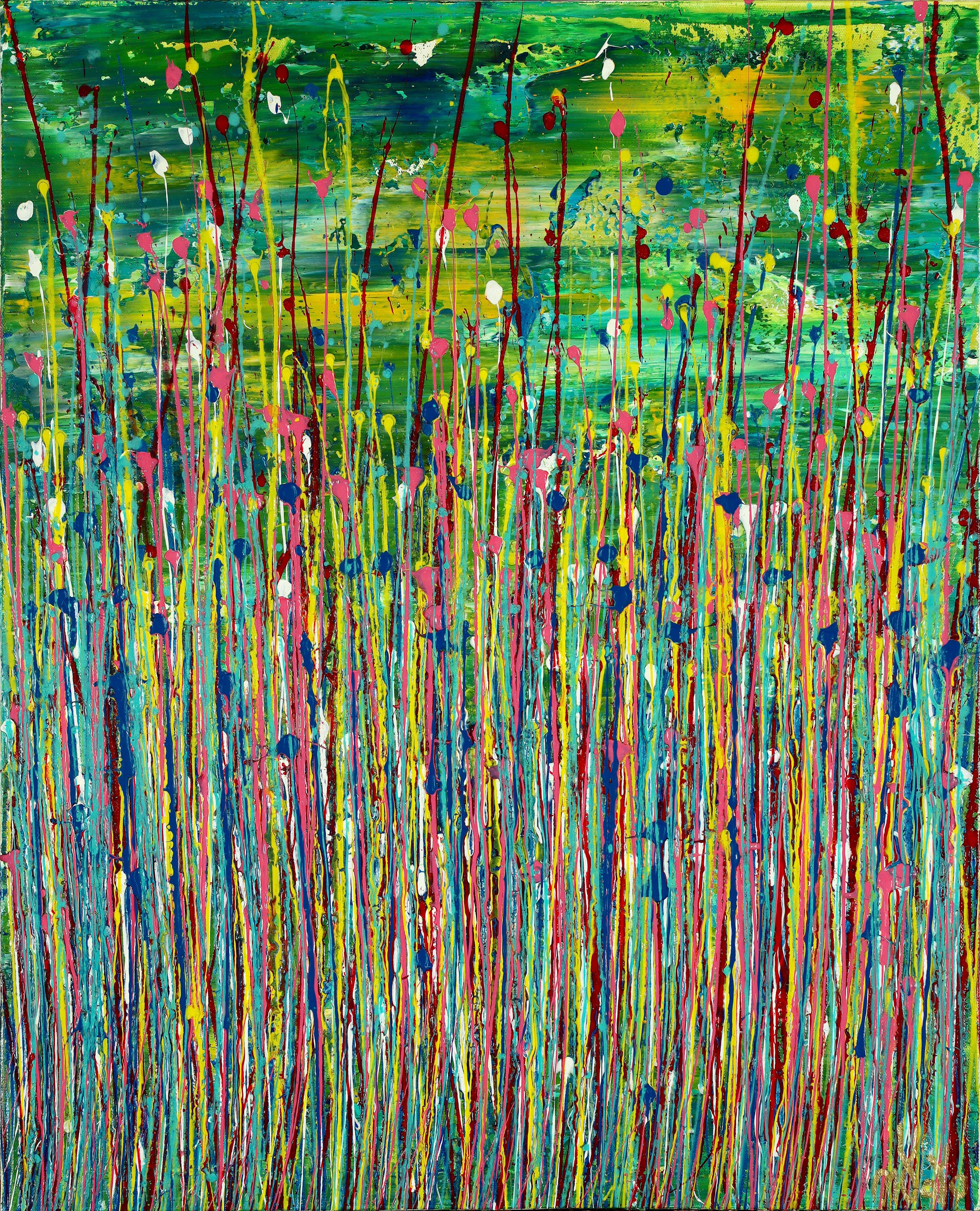 Expressive modern abstract, bold full of life, gloss and shimmer! inspired by nature. Yellow, green, blue, pink, over green and white background. signed in front.    I include a certificate of authenticity that lists the materials as well as when