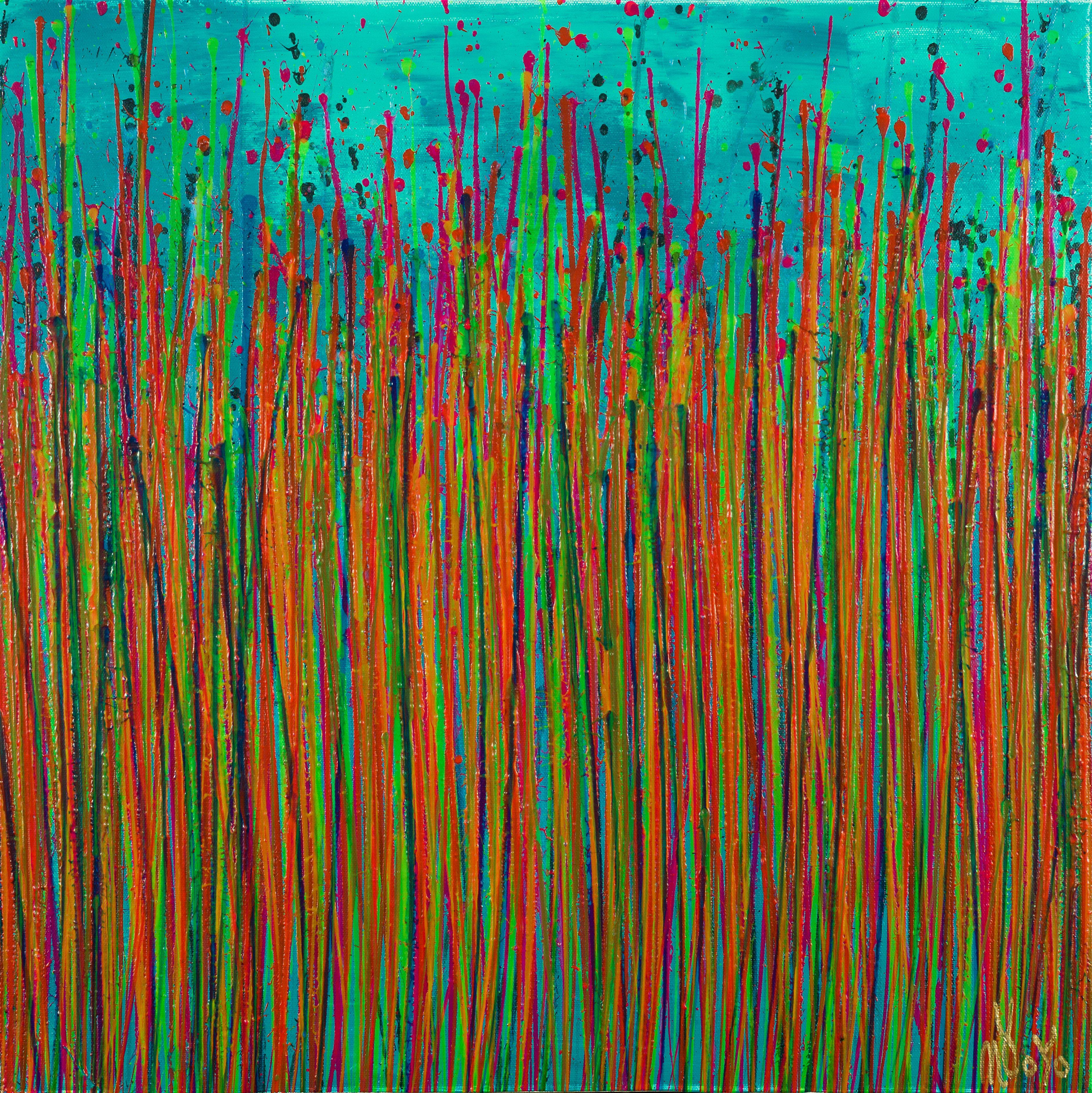 Expressive square modern abstract, bold full of life, gloss and shimmer! inspired by nature. Shades of iridescent blue, vibrant yellow, red, orange, green over teal green background. signed in front.    I include a certificate of authenticity that