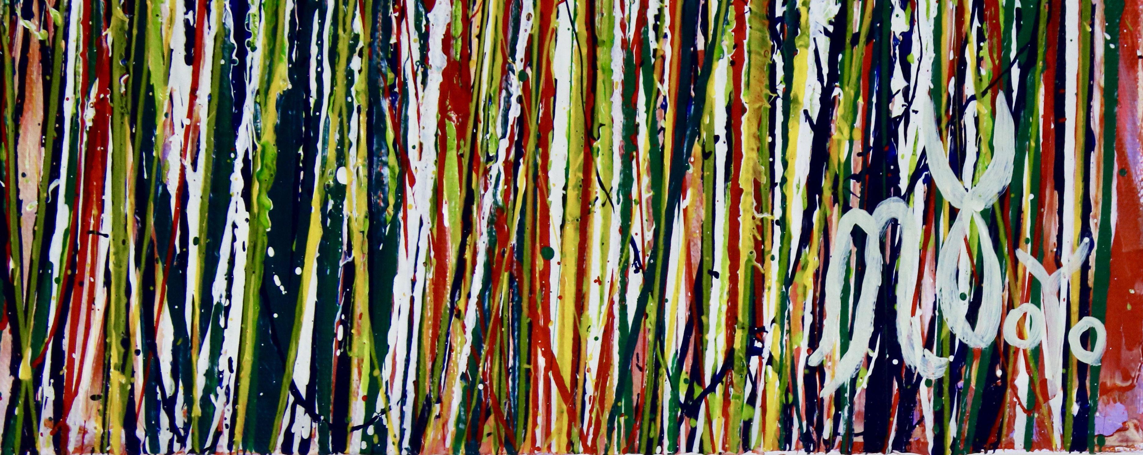 Pronto per essere appeso  Acrilico su tela    Quadro astratto vibrante con numerosi spruzzi d'azione in verde, giallo, verde pallido, bianco e blu su uno sfondo arancione vivace e brillante. Questo quadro arriva montato in una cornice di legno,